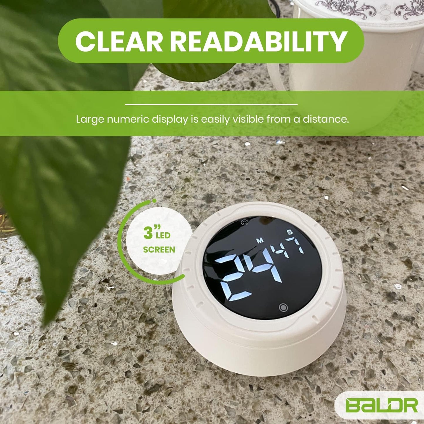 BALDR Digital Kitchen Timer with Rotating Desk Display, Strong Magnet, Count Up/Down & Beeping Alerts - Productivity Timer & Magnetic Timers for Classroom and Kitchen (White)