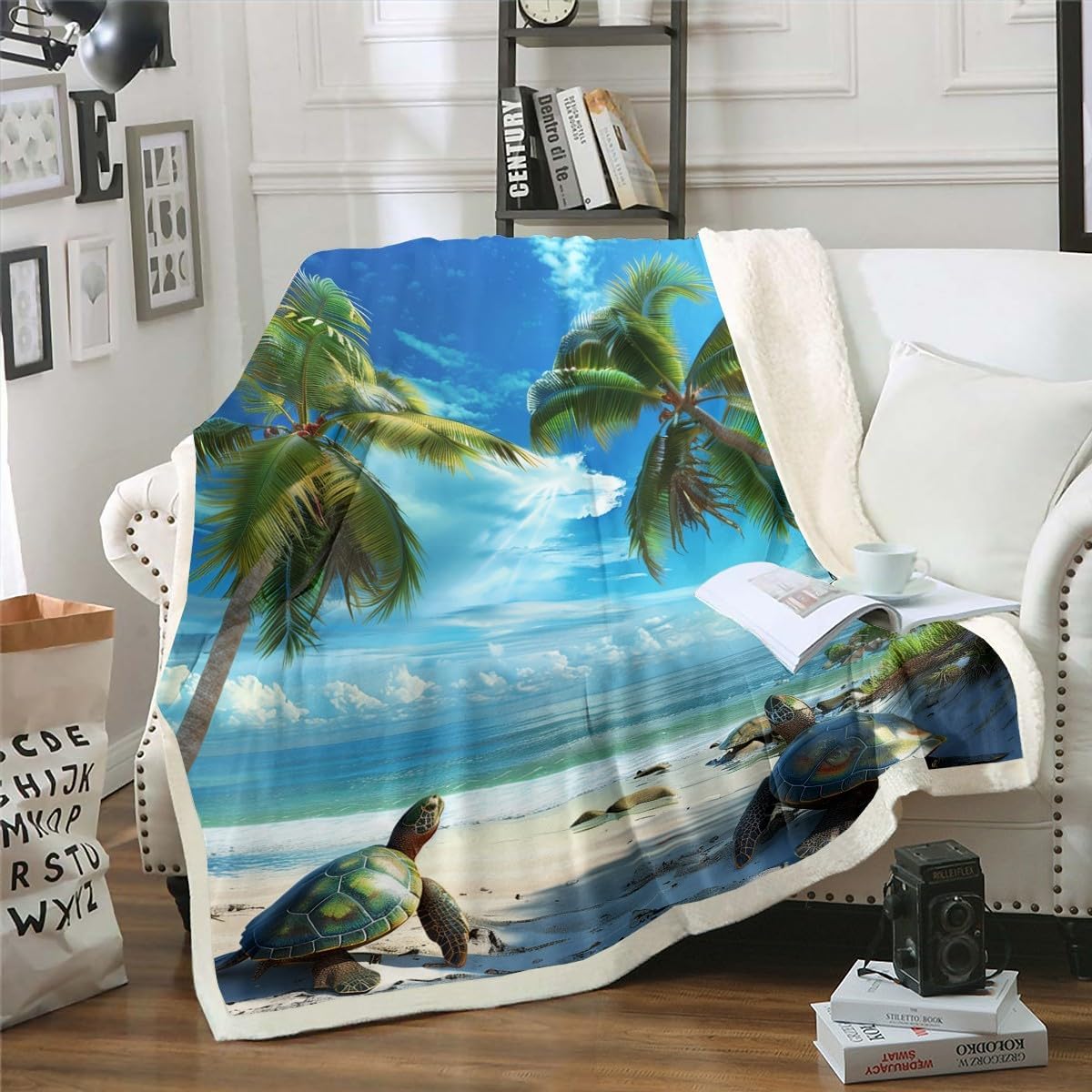 Erosebridal Sea Turtle Blanket for Kids Boys Girls Ocean Animal Throw Blanket 40x50,Tropical Hawaii Fleece Blanket Summer Beach Sherpa Blanket Green Palm Tree Fuzzy Blanket