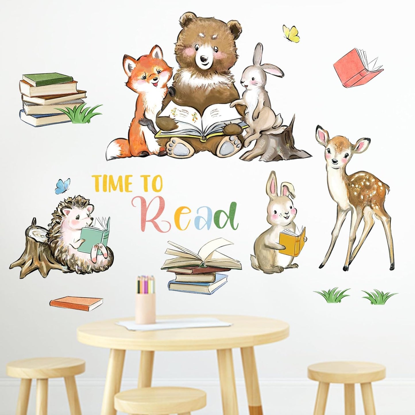 Mfault Time to Read Animals Wall Decals Stickers, Educational Reading Bear Fox Bunny Deer Hedgehog Books Nursery Decorations Classroom Bedroom Art, Neutral Toddlers Kids Study Room Library Decor