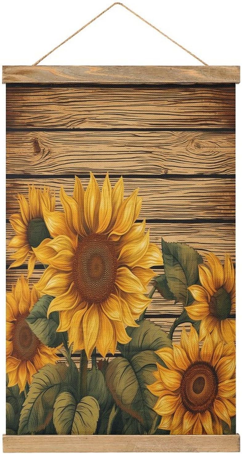 Vintage Paint Wooden Board Sunflower Poster with Wooden Frame Personalized Linen Hanging Scroll Painting Rustic Wall Hanging Illustrative Modern Artwork Decor for Home Living Room Bedroom Office