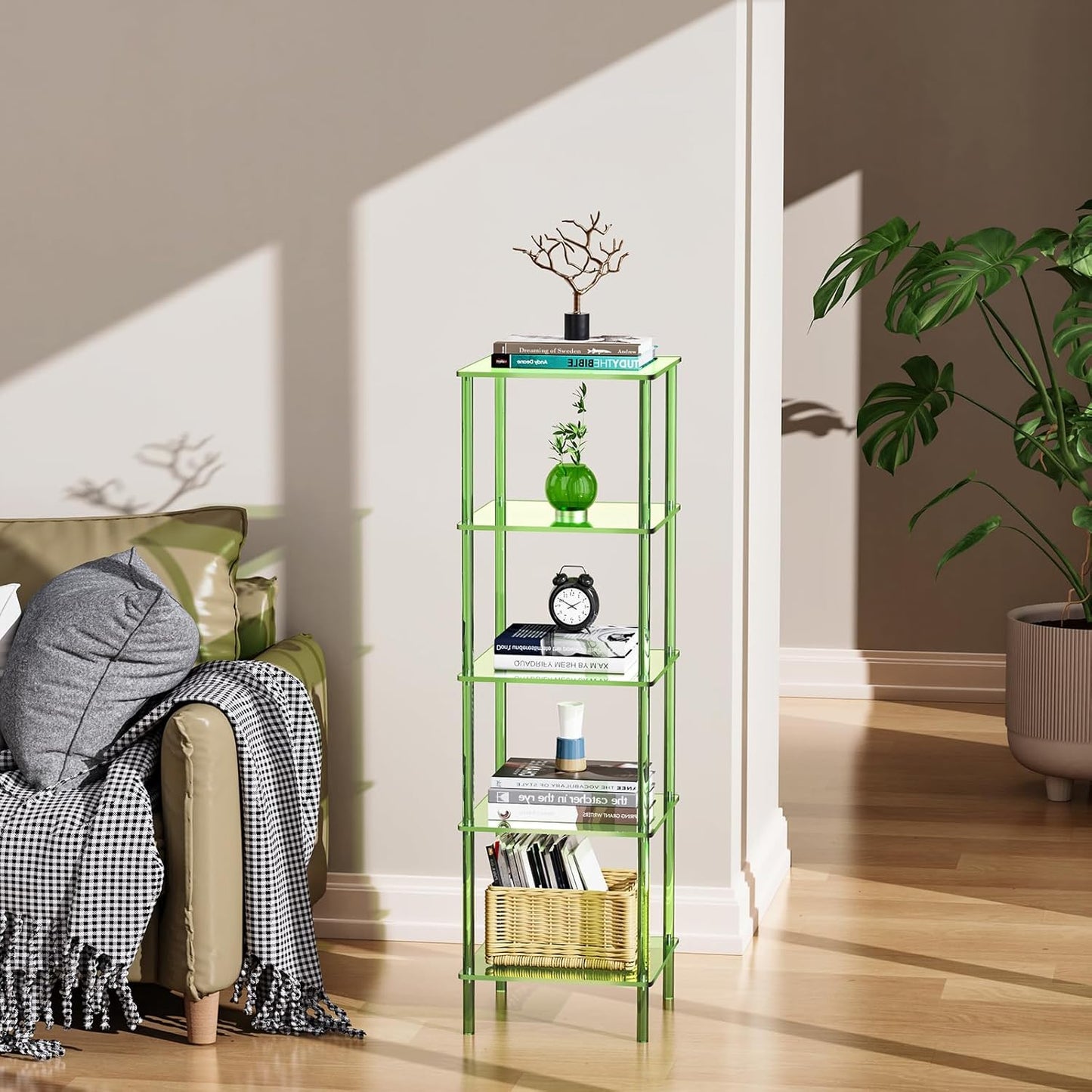 Acrylic Bookshelf, Small Bookcase, Standing Freestanding Corner Storage Shelves Display Shelf for Living Room, Bedroom (Green, 5 Tier)