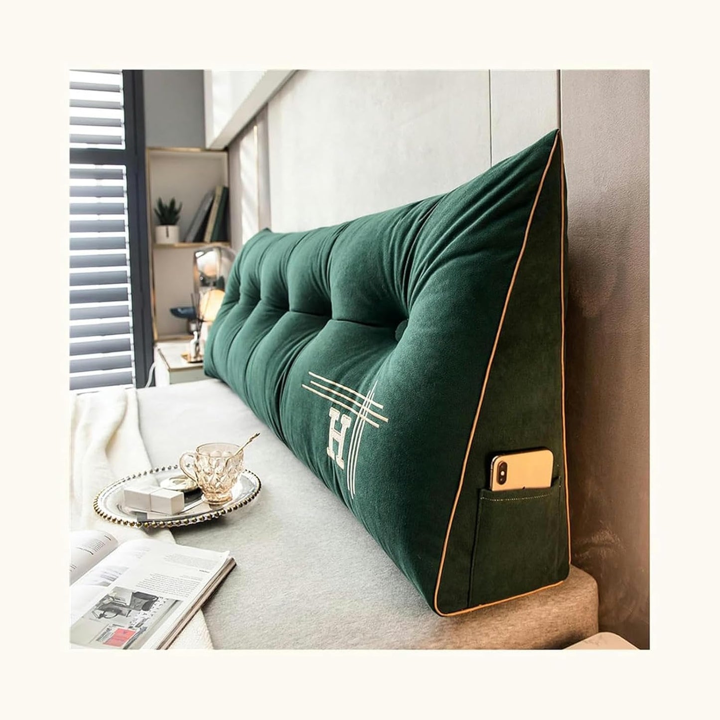 Bed Rest Reading Wedge Headboard Backrest Tufted Pillow, Large Bolster Triangular Headboard Pillow with Pocket and Removable Cover, Back Support Pillow for Sleeping