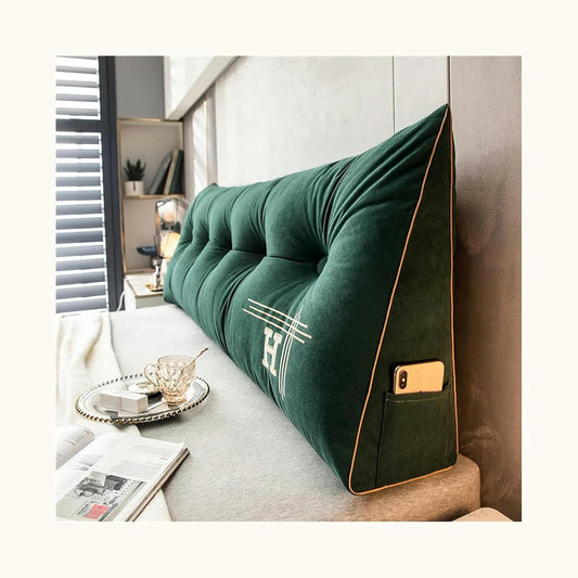 Bed Rest Reading Wedge Headboard Backrest Tufted Pillow, Large Bolster Triangular Headboard Pillow with Pocket and Removable Cover, Back Support Pillow for Sleeping