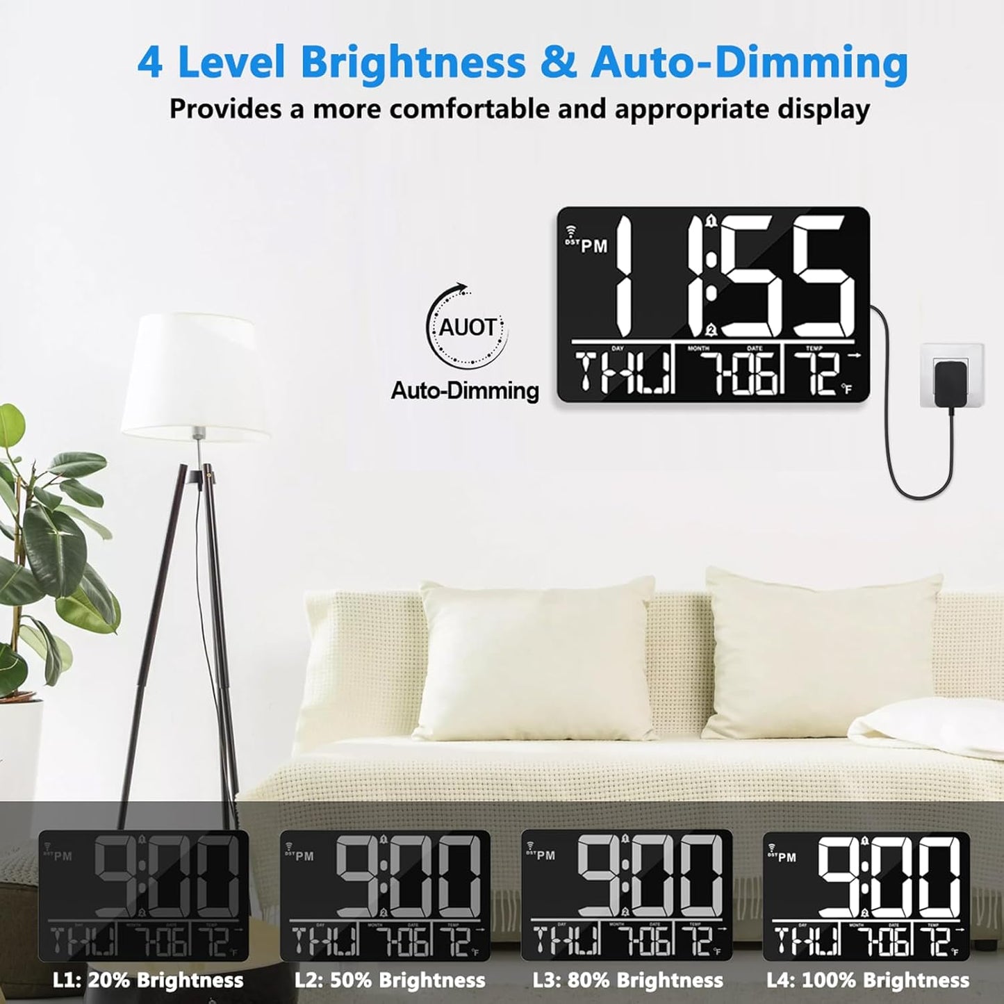 13" Bluetooth Auto Sync Wall Clock - Large Digital Alarm Clock with Remote, 25 Ringtones, Dual Alarm, Adjustable Brightness, 12/24H, Auto DST, for Living Room, Kitchen, Office, Elderly