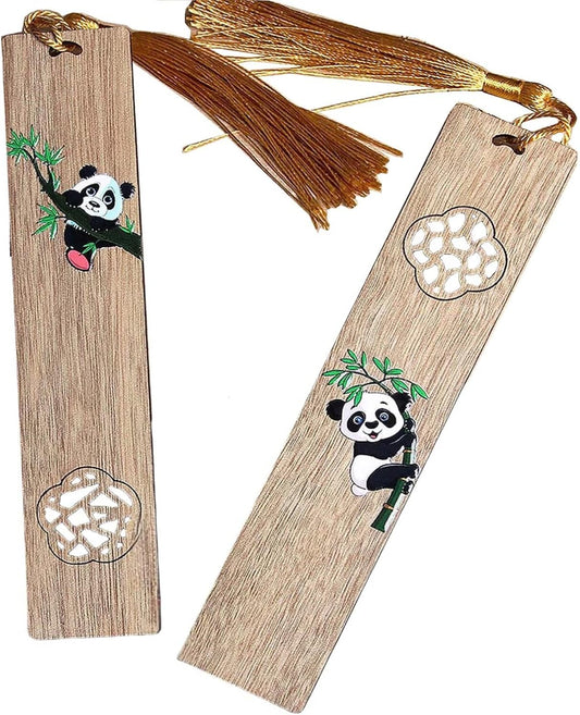 2pcs Wooden Bookmark,Personalized Page Markers 5.71"x1.18" Wooden Bookmark Set Book Accessories, Hollowed Panda Pattern with Pendant Text Book Marker Perfect Gift for Adults Students