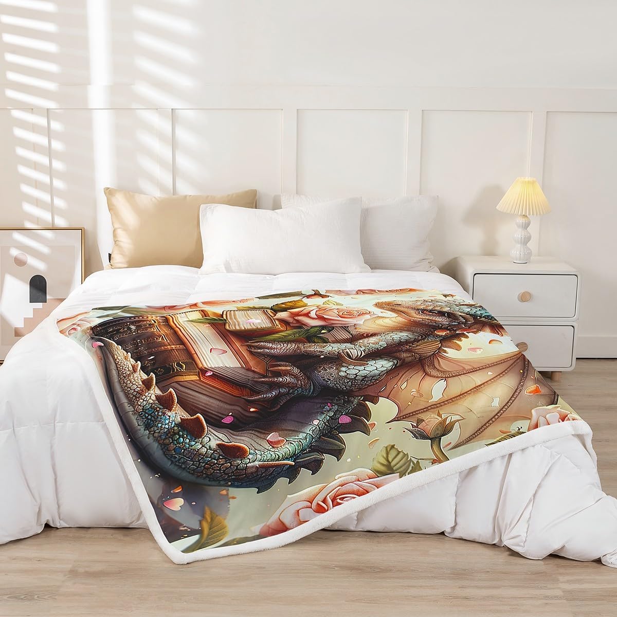 Manfei Cartoon Dragon Kids Throw Blanket,Reading Books Roses Flowers Dreamy Bed Blanket for Boys Girls,Kawaii Western Animal Fleece Blanket,Green Fuzzy Blanket,Throw Size (50 x 60 Inches)