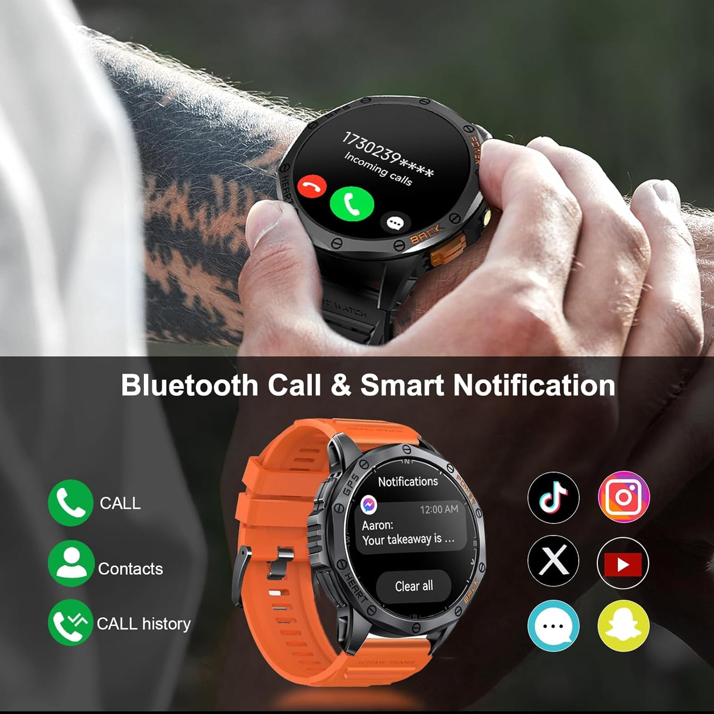 Military Smart Watches Built-in GPS, 170+ Sport Modes for Men with Flashlight, Smartwatch for Android Phones and iPhone, 1.43" AMOLED Screen Bluetooth Call Compass Altimeter (Black & Orange (2 Bands))