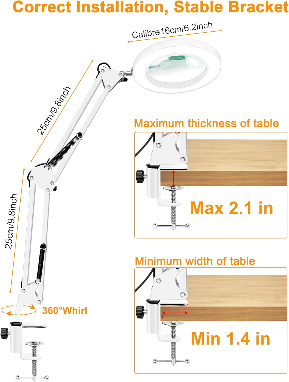10X Magnifying Glass with Light and Clamp, Real Glass LED Lighted Magnifier, 3 Color Modes 10 Level Dimmable, Magnifying Lamp with Clamp for Reading Craft Hobby Close Work, White