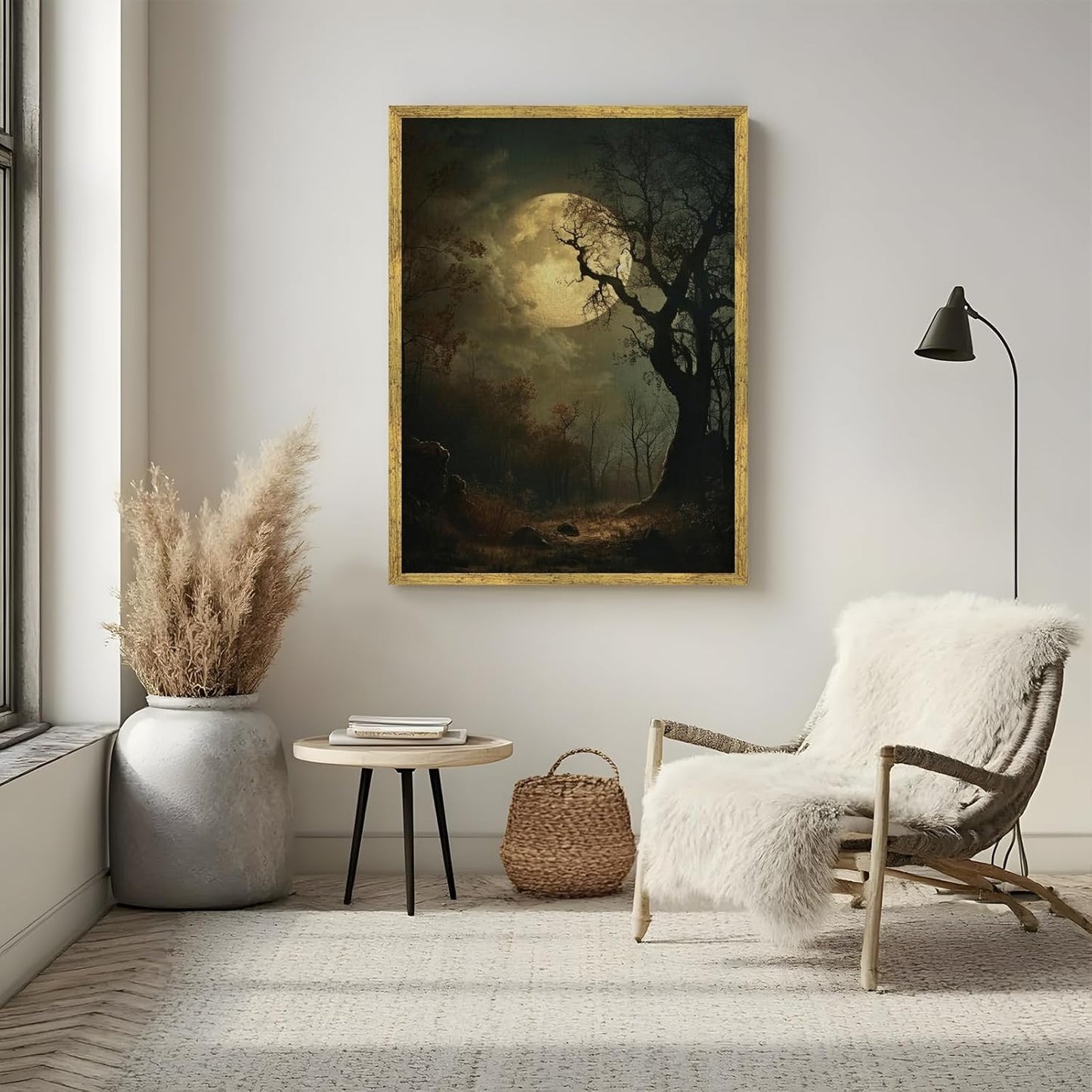 Balsuka Moody Forest with Full Moon Wall Art Vintage Gothic Moonlight Poster Dark Aesthetic Decor Nature Canvas Print Victorian Mystical Landscape Painting for Bedroom Bathroom 8x12inch Golden Frame
