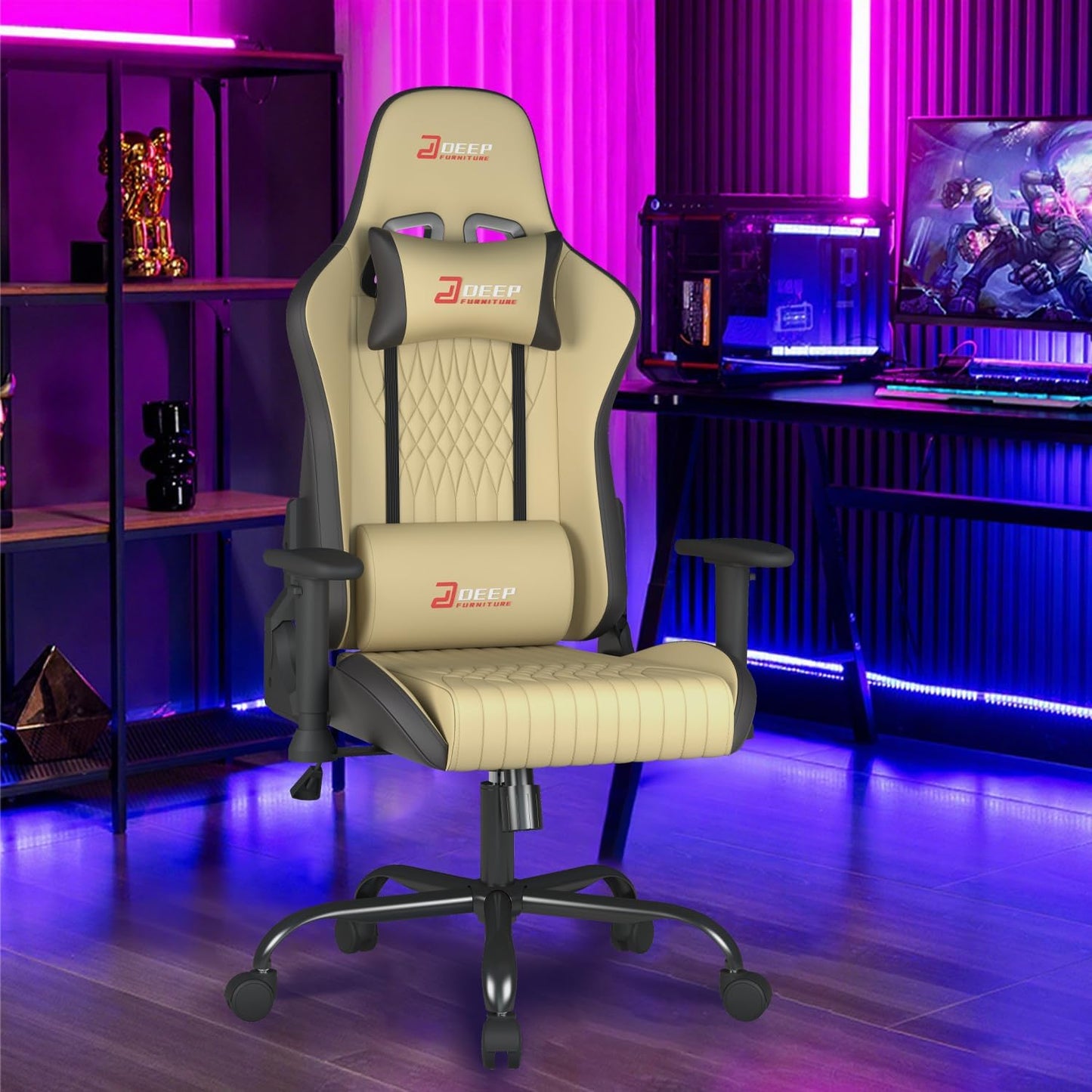 Video Game Chair Ergonomic Comfortable Gaming Office Chair Height-Adjustable with a 360° Swivel Base and Headrest(1002-Beige)