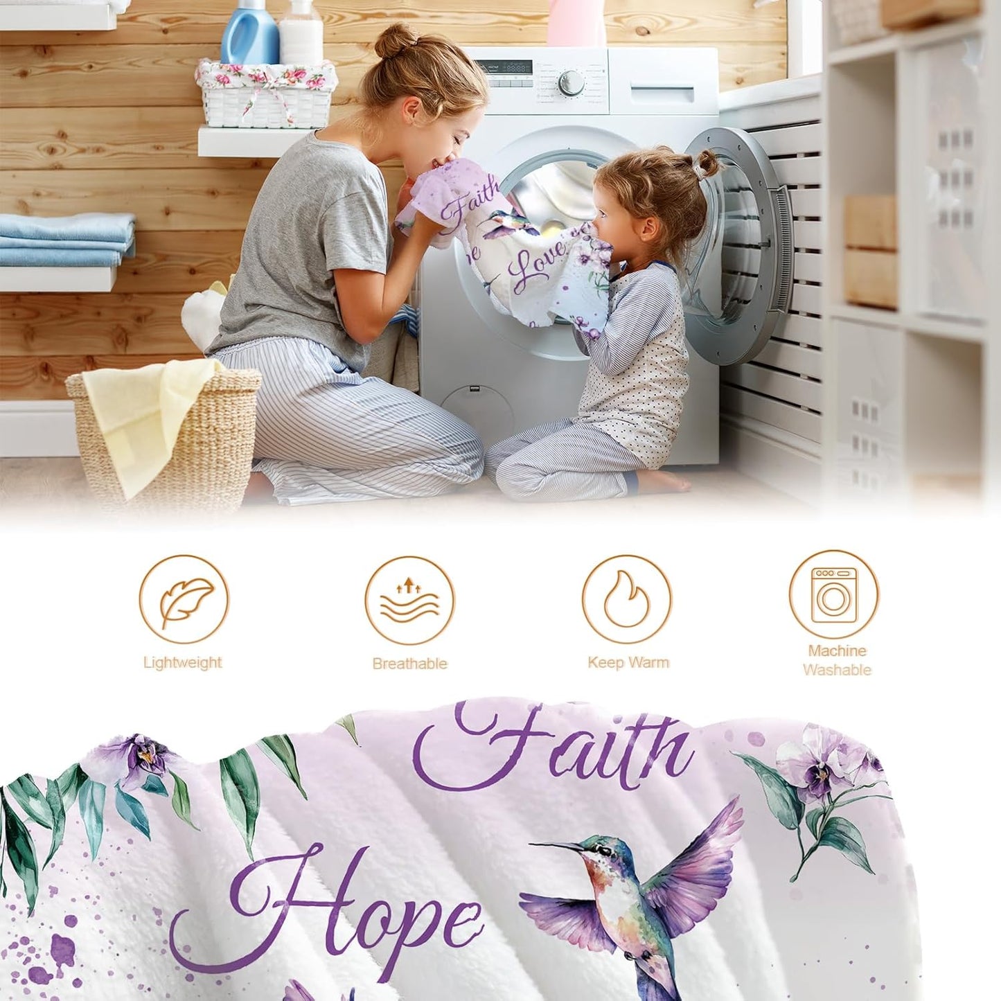 Hummingbird Floral Bird Blanket Purple Flowers Gifts for Women Kids Girls Mom Wife Female Friends Birthday Spring Room Decor Colorful Soft Plush Throw Blankets 50"x60"