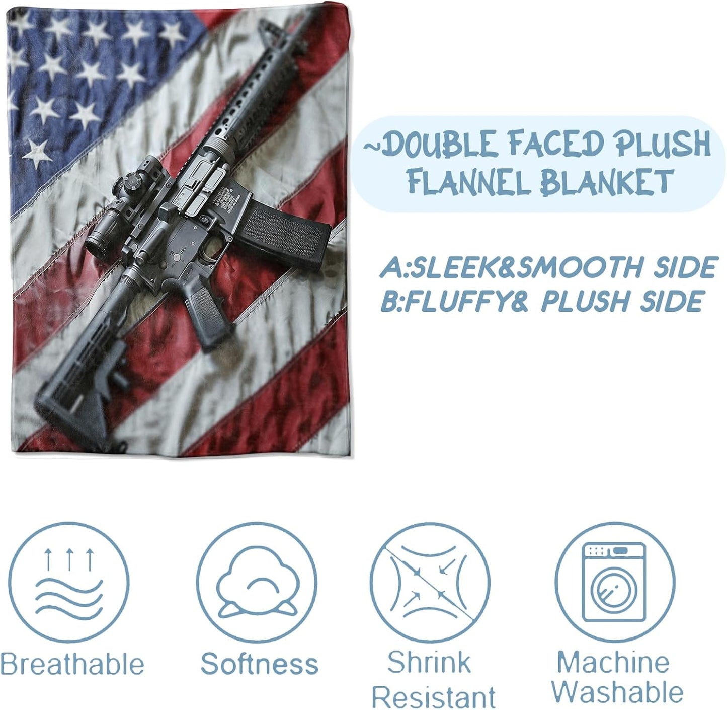 Patriotic Blanket for Couch,Bed,Sofa,Soft Cozy Throw for All Season Gun and American Flag Blankets Home Decor Gifts,Flannel Plush Lightweight Comfort Throws for Adults 50×60inch
