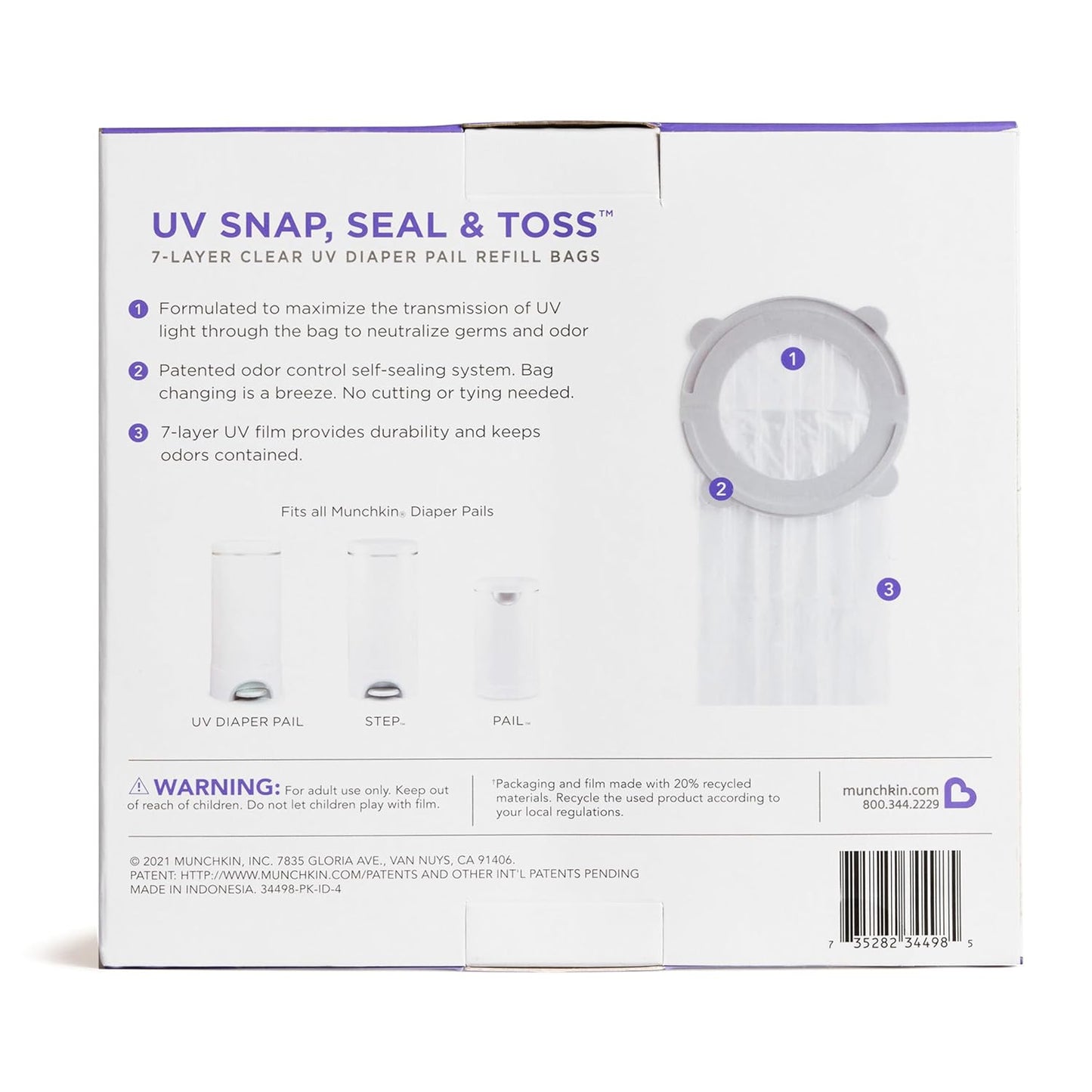 Munchkin® UV Snap, Seal & Toss™ Diaper Pail Refill Bags, Holds up to 600 Newborn Diapers, 20 Pack
