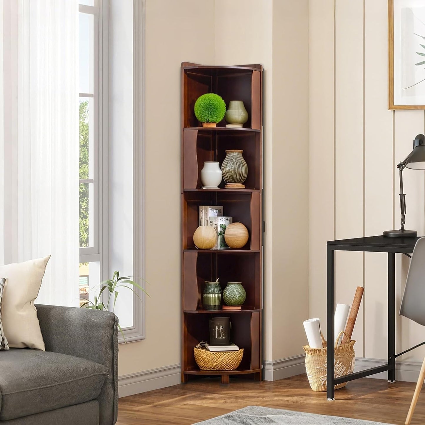 5-Tier Bamboo Corner Shelf Freestanding Fan-Shaped Storage Rack, Space-Saving Corner Cabinet for Living Room or Bedroom, Easy to Assemble, Walnut