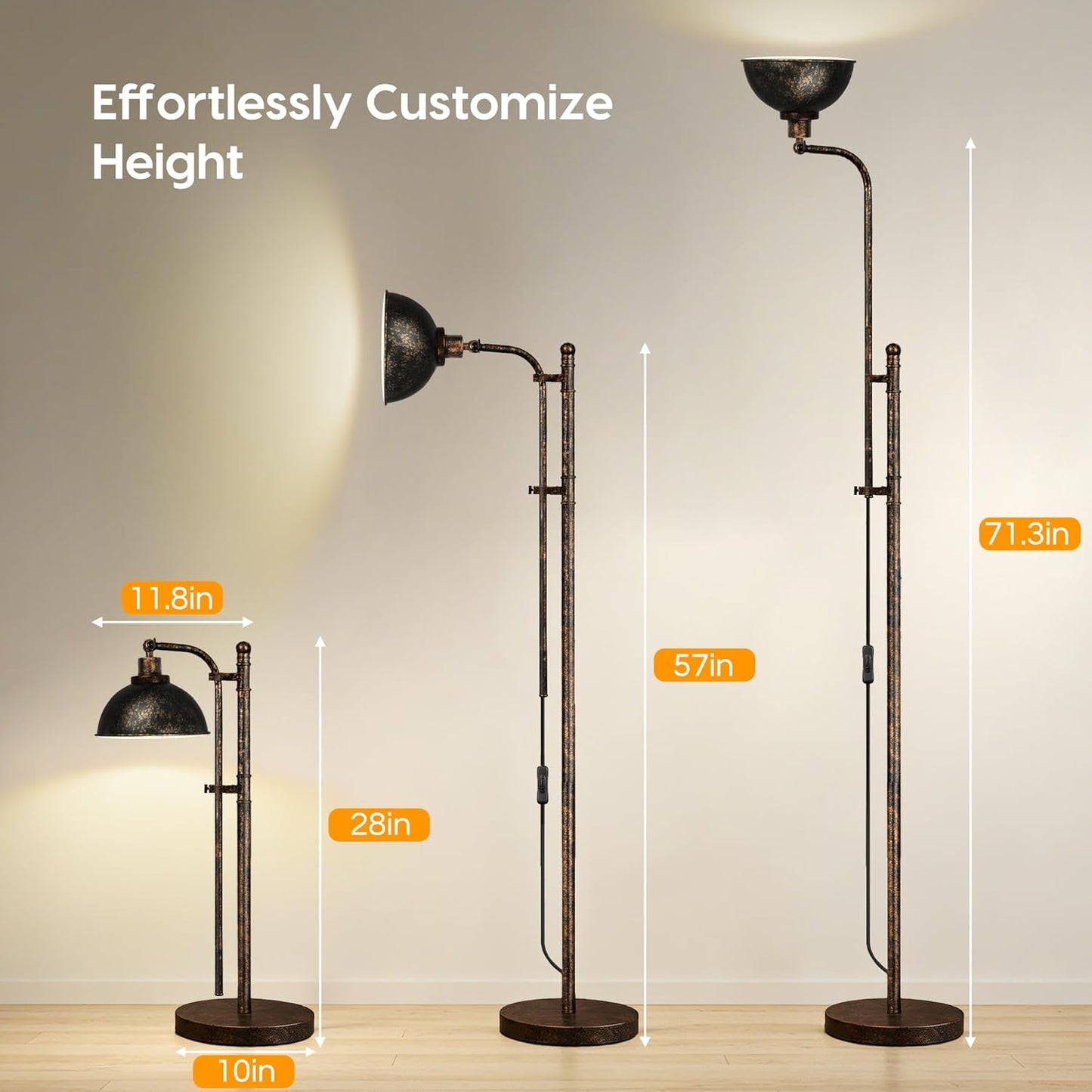 Floor Lamp, Industrial Modern Standing Lamp with Remote Control, 71" Height Adjustable, Aged Black Finish Rustic Farmhouse Tall Reading Lamp for Bedroom, Over Couch Arched Reading Light