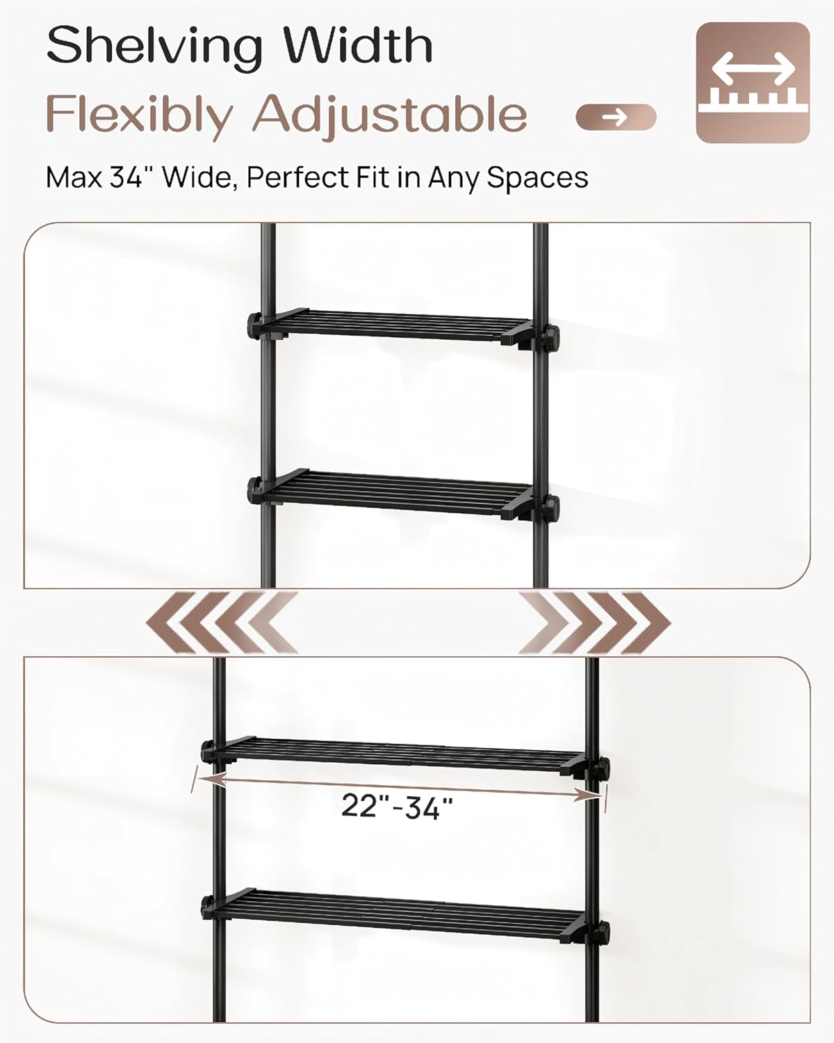ALLZONE Over The Toilet Storage Cabinet, 4-Tier Adjustable Bathroom Shelves, 22-34 Inch Wide, Tension Mounted Organizer, Space-Saver Narrow Shelf, Fits 66-115 Inch Heights, Black
