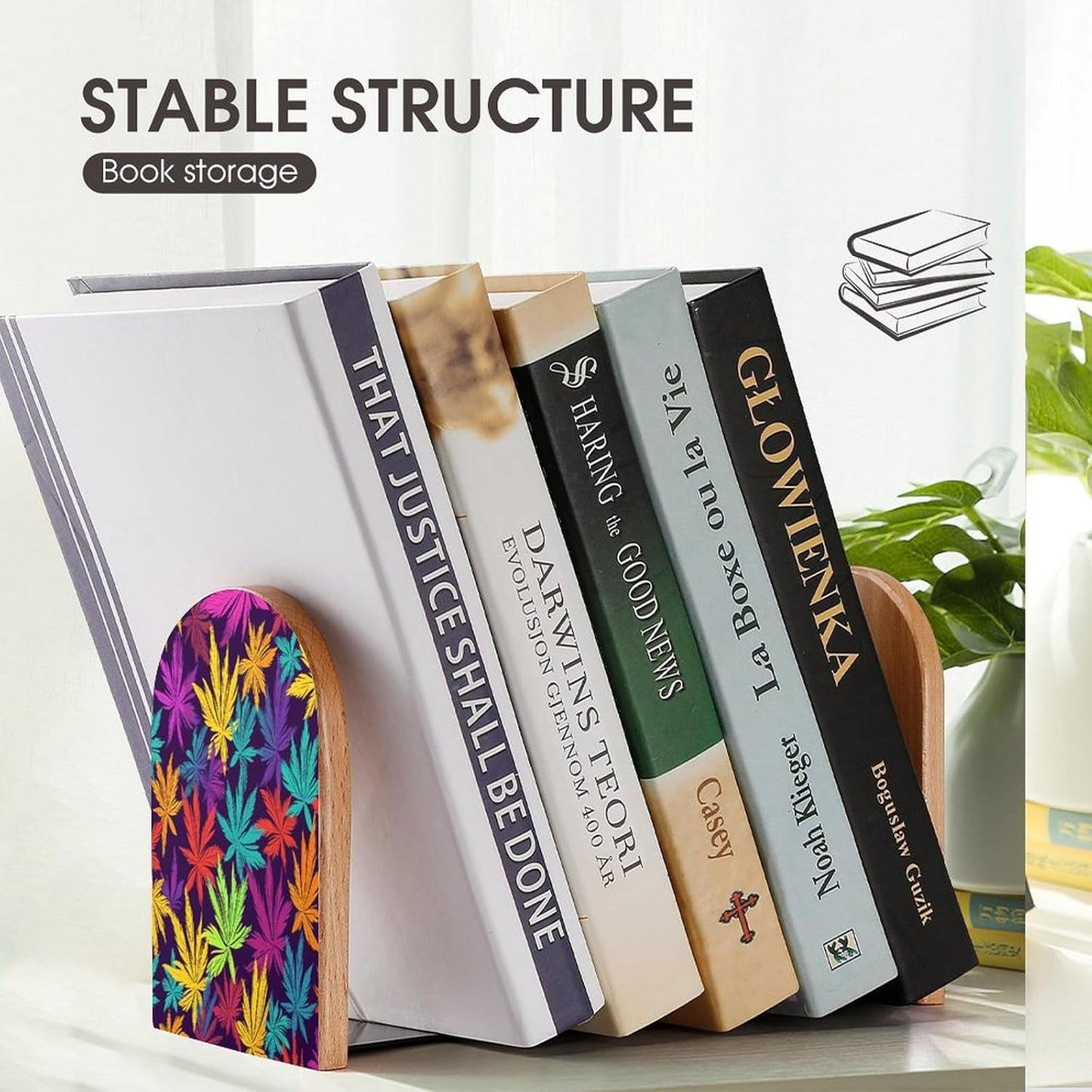 Bright Colorful Weed Pattern Bookends 1 Pair Heavy Duty Book Ends for Shelves Non-Skid Bookend Supports Wooden Book Holders with Metal Base Desk Organizers Books Storage to Hold Books