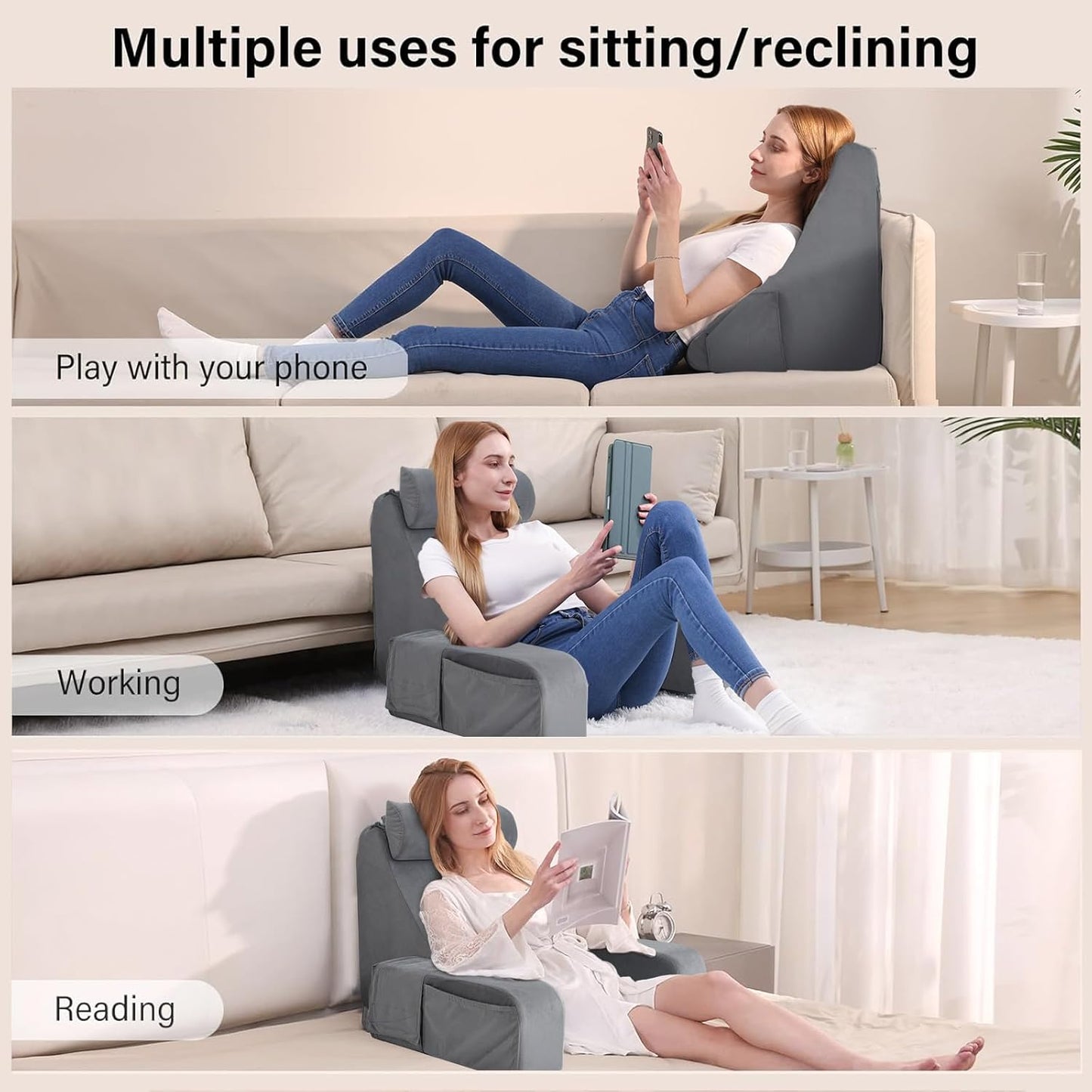 Reading Pillow for Bed Sitting Up — 19" Wedge with Arms, Backrest Cushion, Medium (Grey)