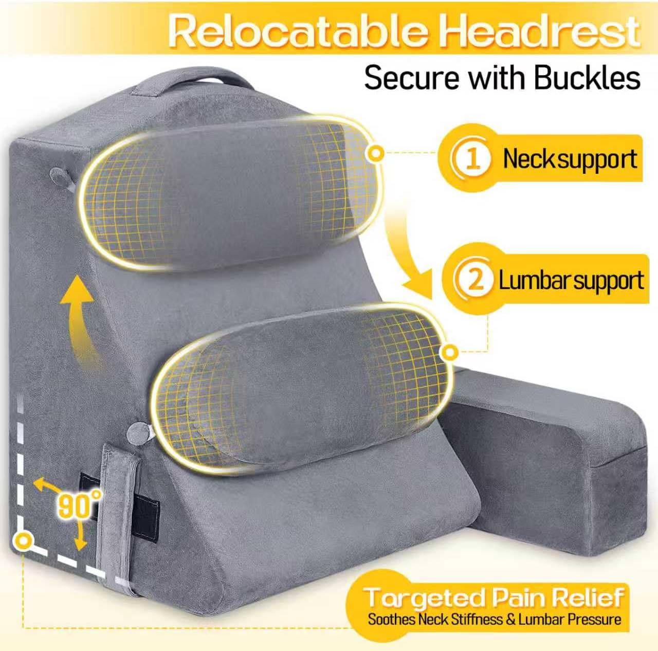 MOON PINE Reading Pillow for Adults, Memory Foam Backrest with Detachable Arms - Bed Pillow for Sitting Up, Built-in Cup Holder & Phone Pocket (Gray, 21 inch)