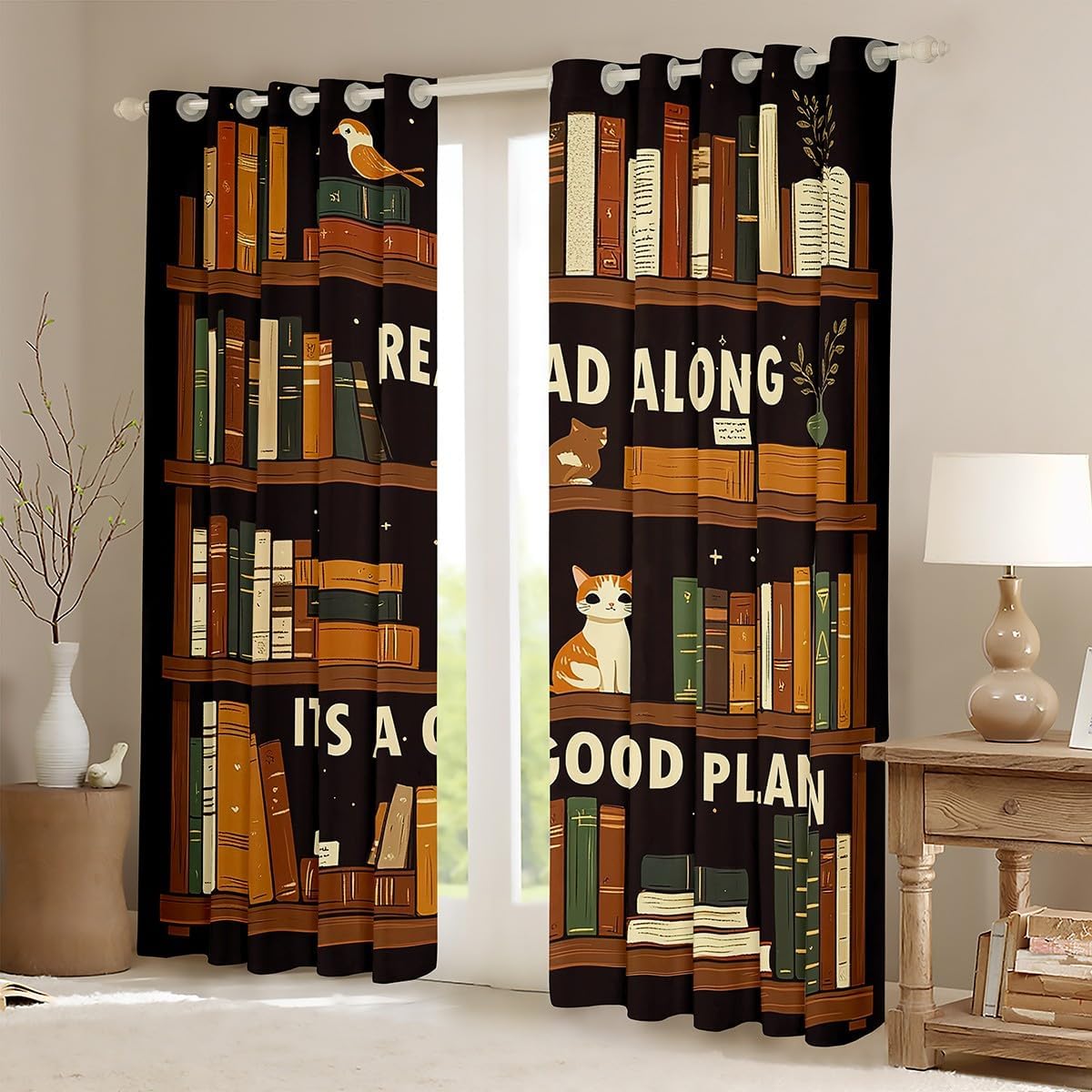 jejeloiu Books Window Drapes (2 Panels, 52 x 84 Inch) Kids Read Book Blackout Shades Window Treatments Library Reading Along Cats Cute Kitten Curtains Room Darkening Curtain Room Decor