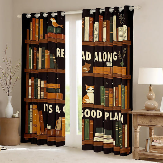 jejeloiu Books Window Drapes (2 Panels, 52 x 84 Inch) Kids Read Book Blackout Shades Window Treatments Library Reading Along Cats Cute Kitten Curtains Room Darkening Curtain Room Decor