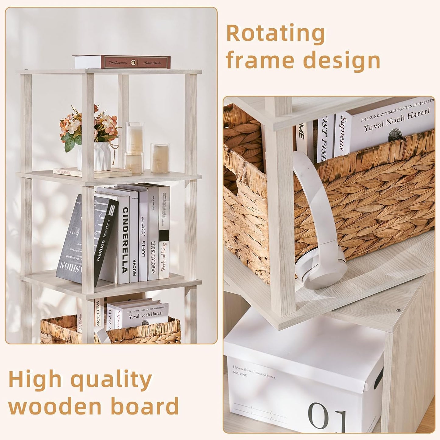 4 Tier Rotating Bookshelf with Storage Cabinet, 360° Display Revolving Bookcase, Square Spinning Book Shelf Tower Organizer, Freestanding Wooden Bookshelves for Small Space, Bedroom Living Room