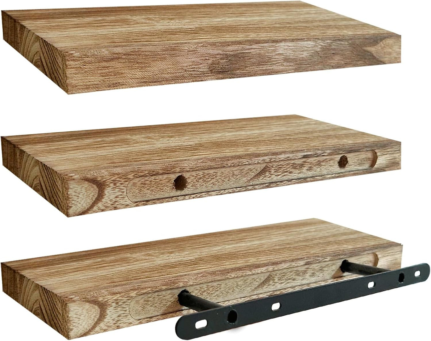 Floating Shelves for Wall, Solid Wood Wall Shelves Set of 3, Wall Mounted Floating Shelf with Hidden Brackets, Hanging Wood Shelves for Bedroom Bathroom Kitchen Living Room Storage Display