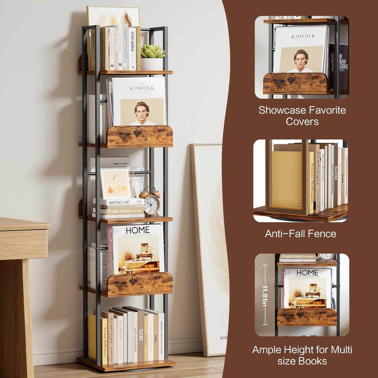 Bikoney Rotating Bookshelf, 360 Display Spinning Bookshelf Tower, 5-Tier Narrow Bookcase, Tall Industrial Book Shelf Organizer, Small Corner Book Shelves for Living Room, Black