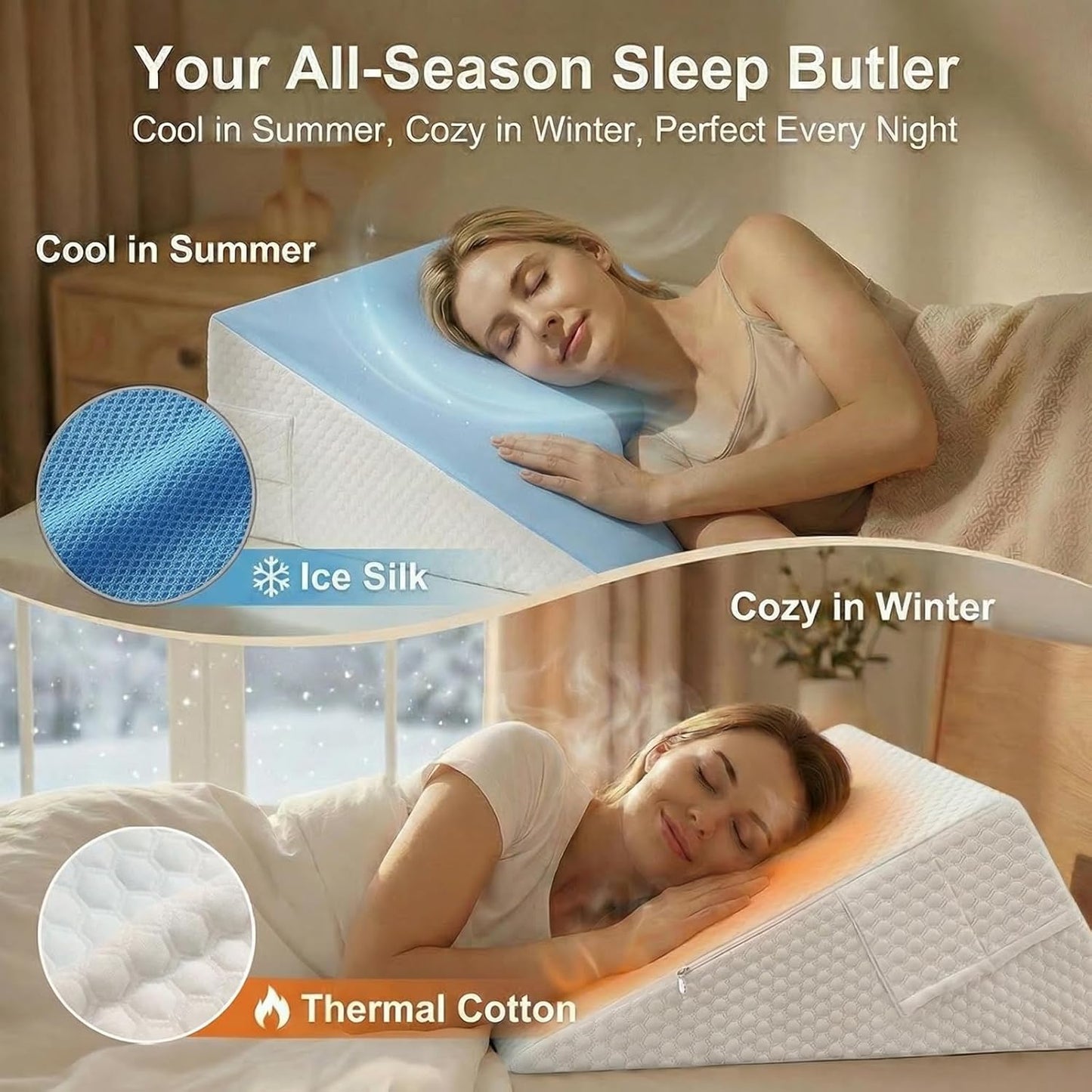 [2026 New 7.5" Memory Foam Wedge Pillow for Sleep Apnea, Sleeping, Acid Reflux Relief, Snoring, Dual Sided Cooling & Warm Fabric Triangle Pillow Wedge for After Surgery, Back, Leg - Blue