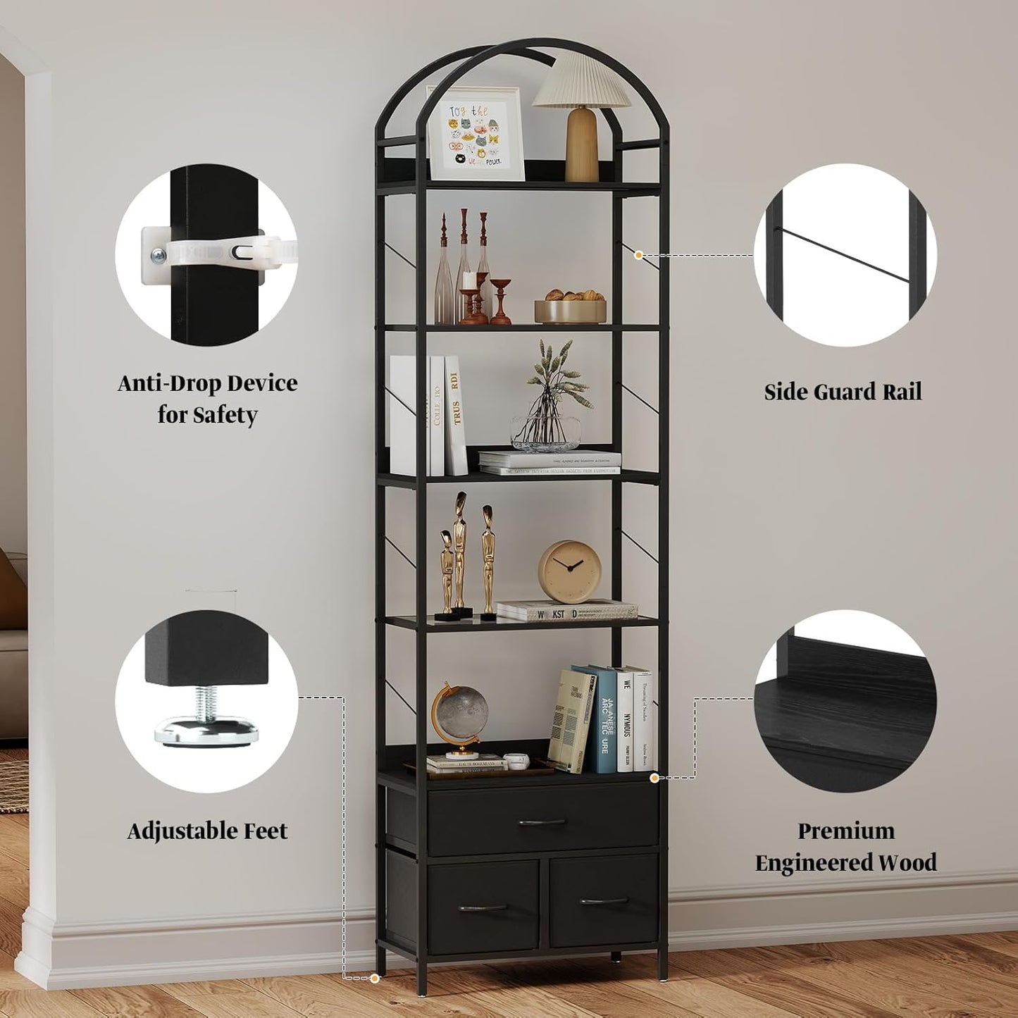 Tall Narrow Bookshelf with 3 Drawers, Arched Bookcase with 4 Legs, 84 inches 5 Tier Skinny Book Shelves with LED Lignts for Living Room, Office, Black