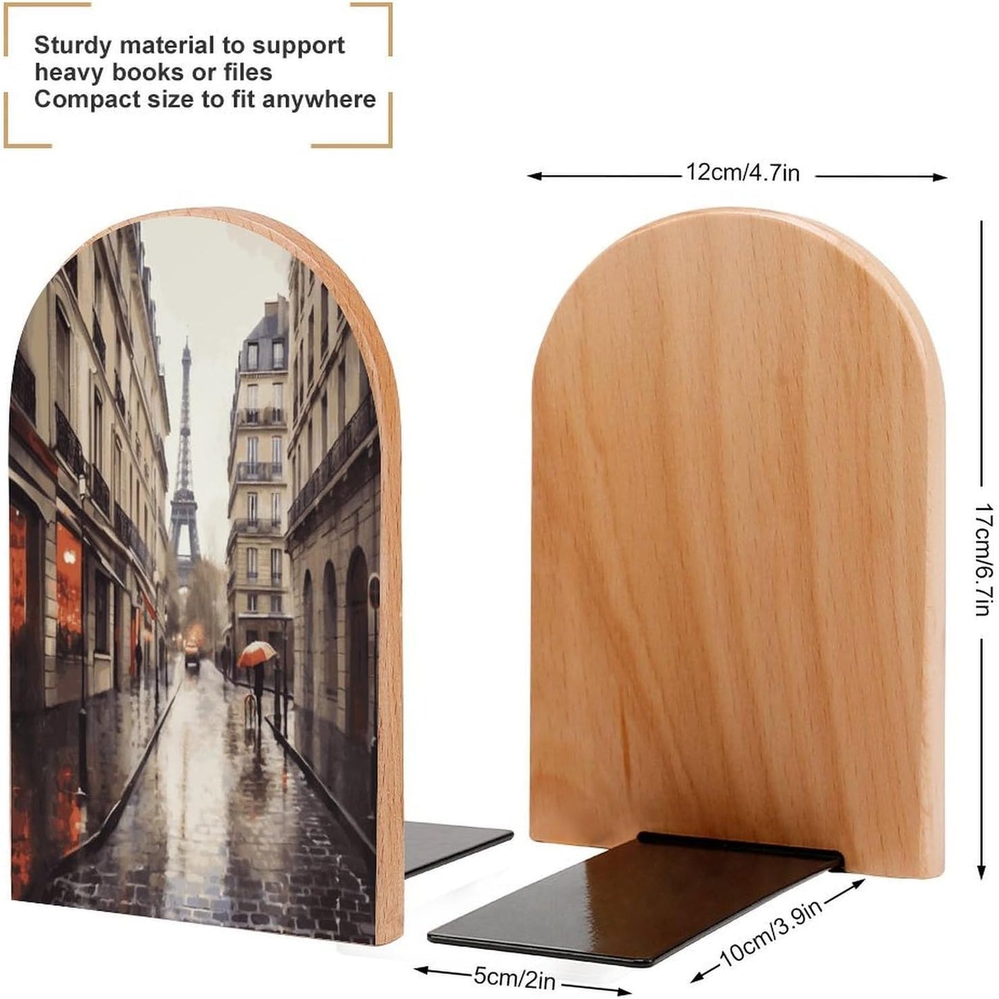 Rainy Street in Paris Bookend for Shelves Wooden Book End Large Size Sturdy Book Holders Stoppers with Metal Base for Bookshelves Slick Decorative Bookends Stands