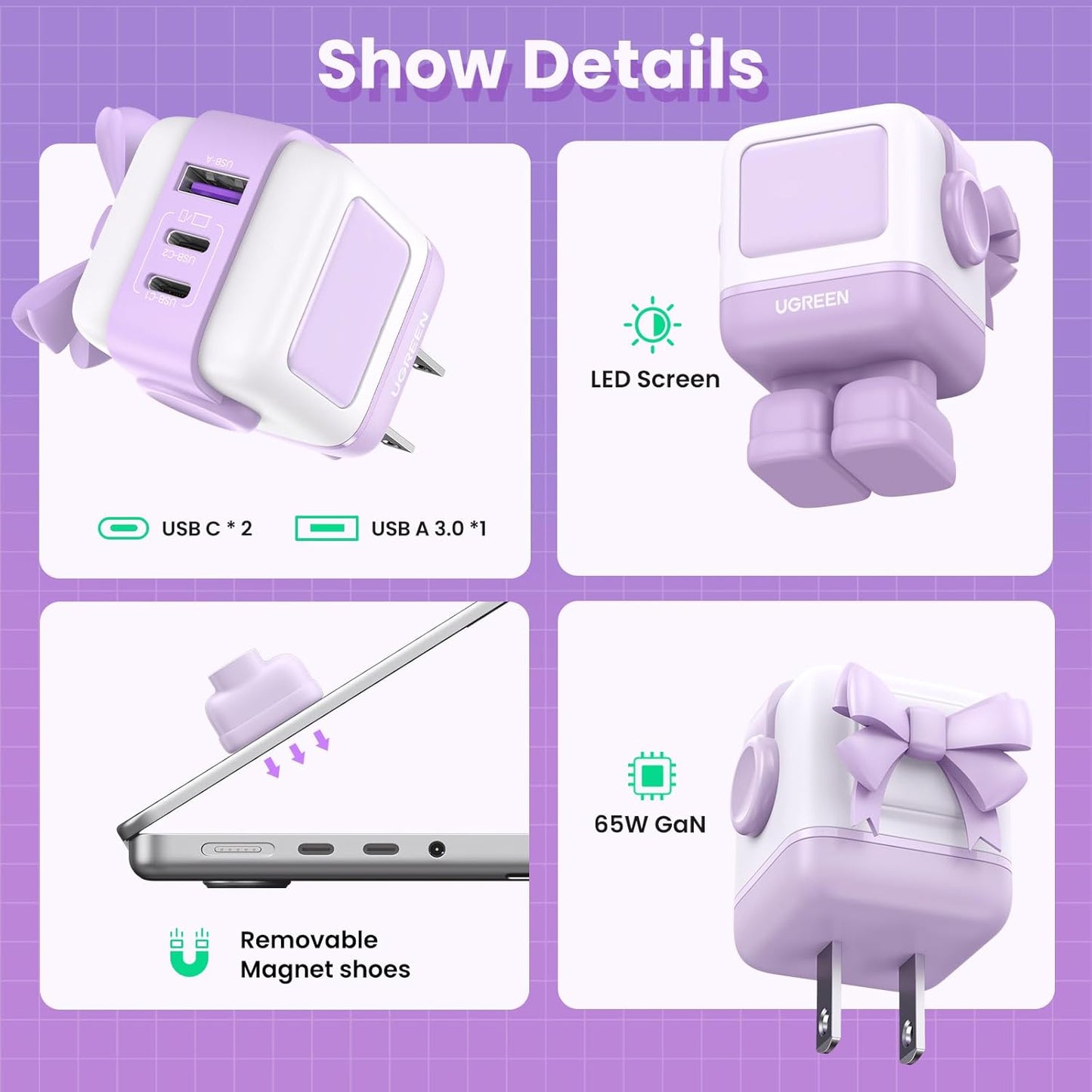 UGREEN Uno 65W USB C Charger Block, 3-Port GaN Fast Charging for iPhone 17, Galaxy S26, Gifts for Women with Bow, for MacBook Pro/Air/Neo, XPS, Galaxy S26/S25, Steam Deck, ROG Ally, Kawaii Purple