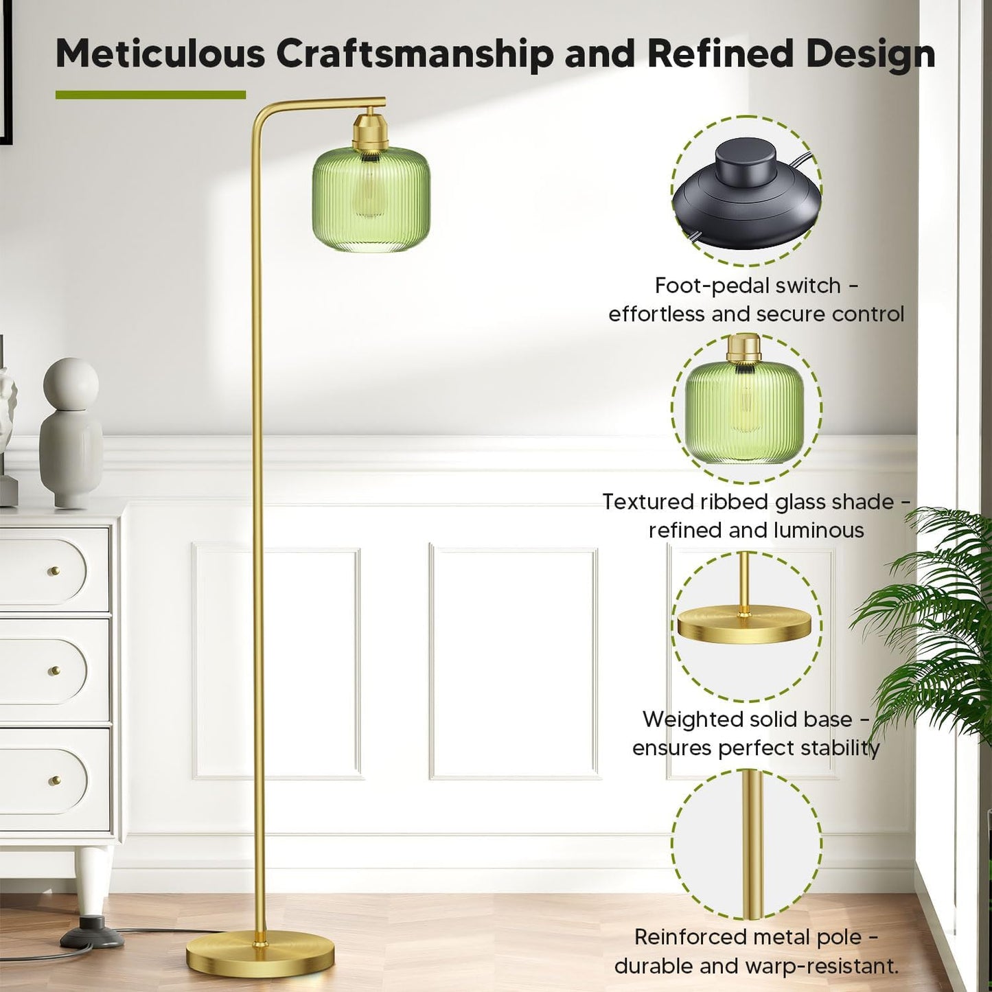 Glass Floor Lamp for Living Room, Modern Standing Lamp with Green Ribbed Glass Lampshade and Pedal Switch, 66” Tall Lamp & Gold Floor Lamp for Bedroom Study Room,Brushed Gold(3000K LED Bulb Included)
