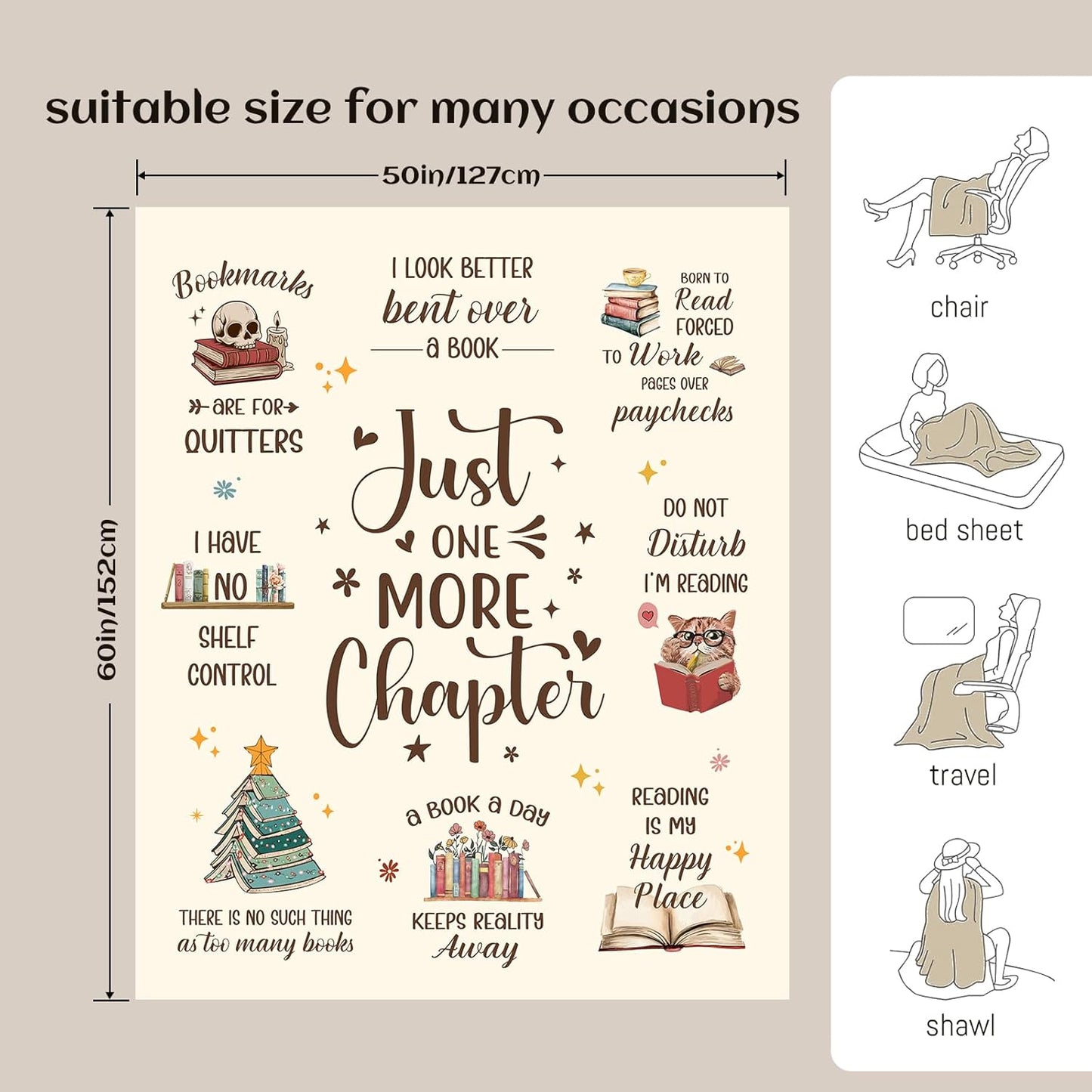 Book Lovers Gifts, Reading Blanket for Bookworms, Book Lover Gifts for Women, Warm Bookish Reading Present for Christmas, Birthday & Holiday, Reader's Soft Blanket 60" x 50"