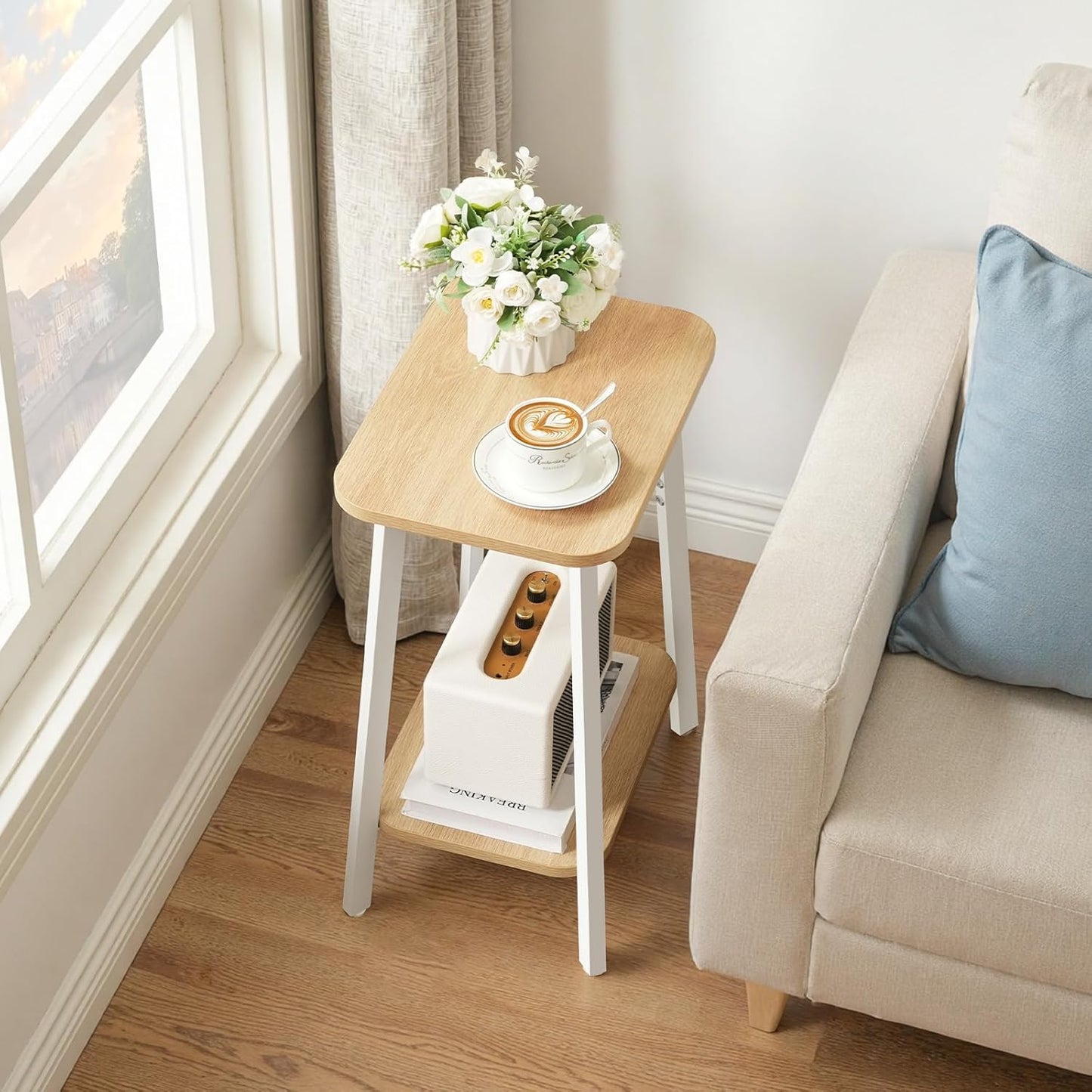 Side Table, Small Rectangular End Table with Storage Shelf, 2-Tier Bedside Table Sofa Couch Table, Nightstand for Small Spaces, Living Room, Bedroom, Natural ETBN4701