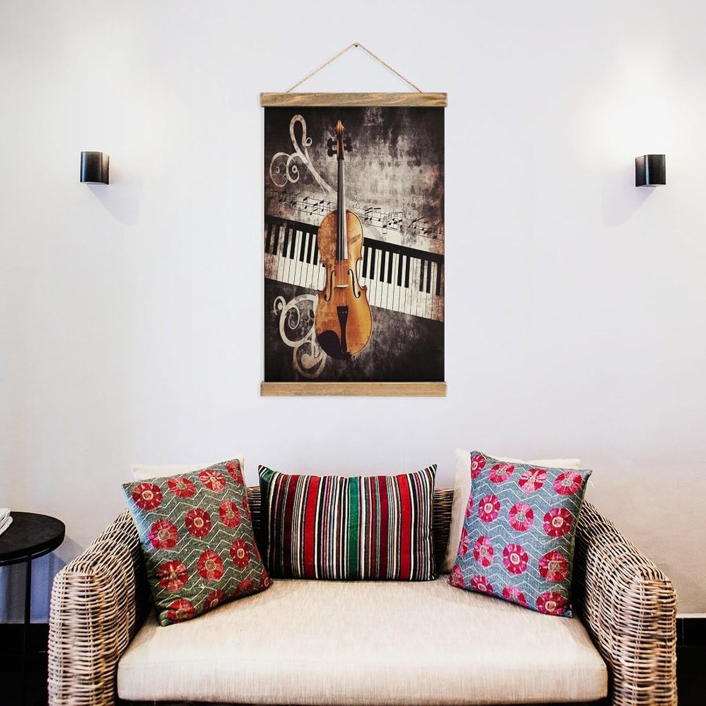 Vintage Piano Violin Music Notes Poster with Wooden Frame Personalized Linen Hanging Scroll Painting Rustic Wall Hanging Illustrative Modern Artwork Decor for Home Living Room Bedroom Office