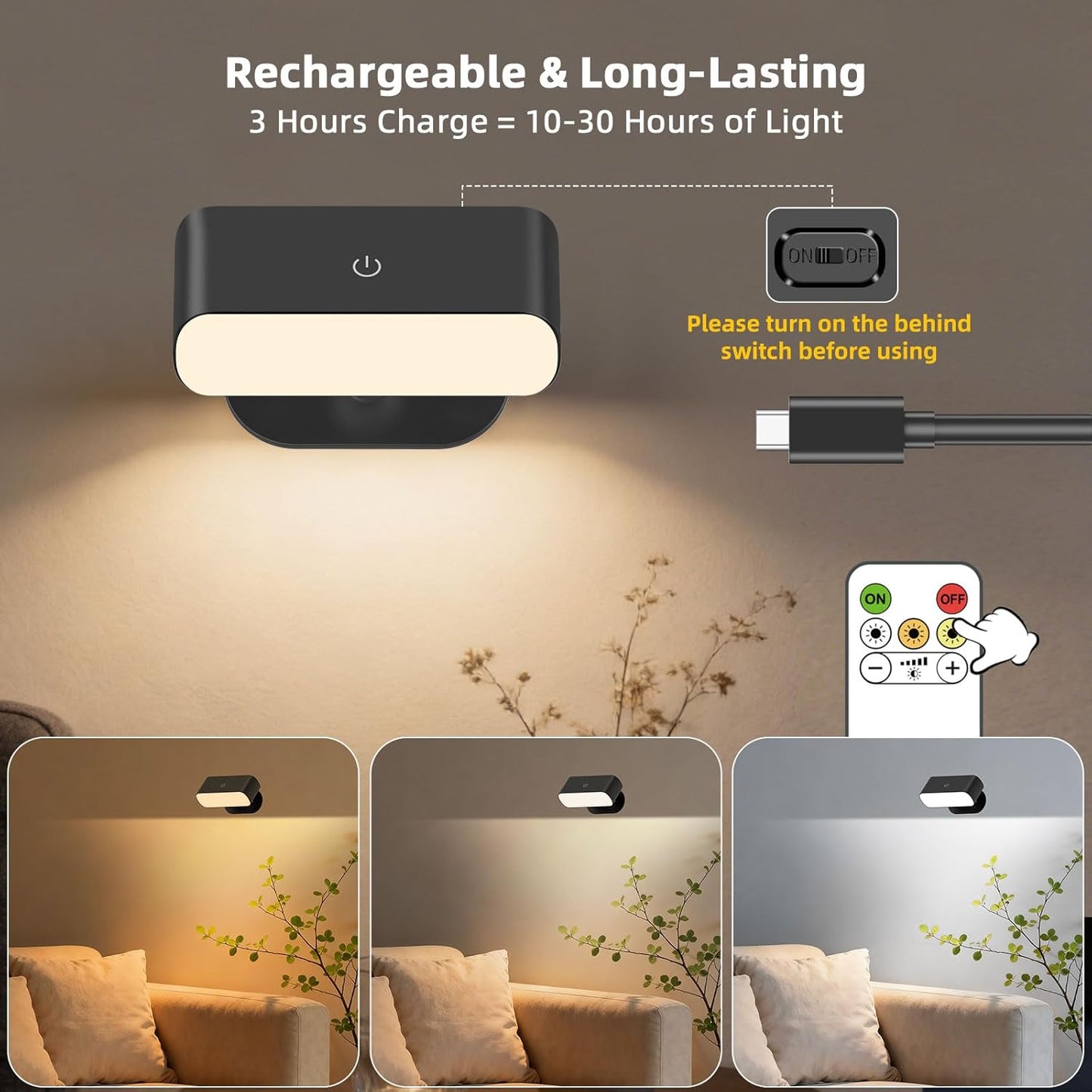 Wall Sconces Battery Operated with Timer, Rechargeable Wall Lights with Touch & Remote Control, Dimmable Stick On Wall Lights, Battery Powered Wall Lamp for Bedroom, Hallway
