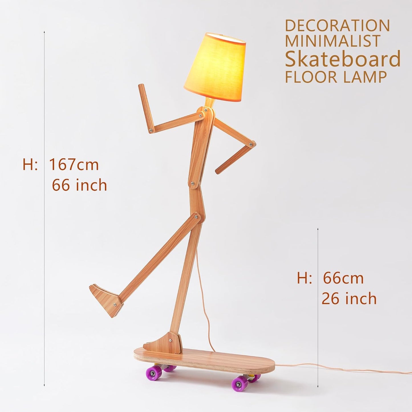 Unique Wood Floor Lamp with Skateboard Base for Living Room Bedroom Kids Bedside - Decorative Corner Reading Swing Arm Standing Light for Office Farmhouse Home - LED Bulb Included - Ash Plywood