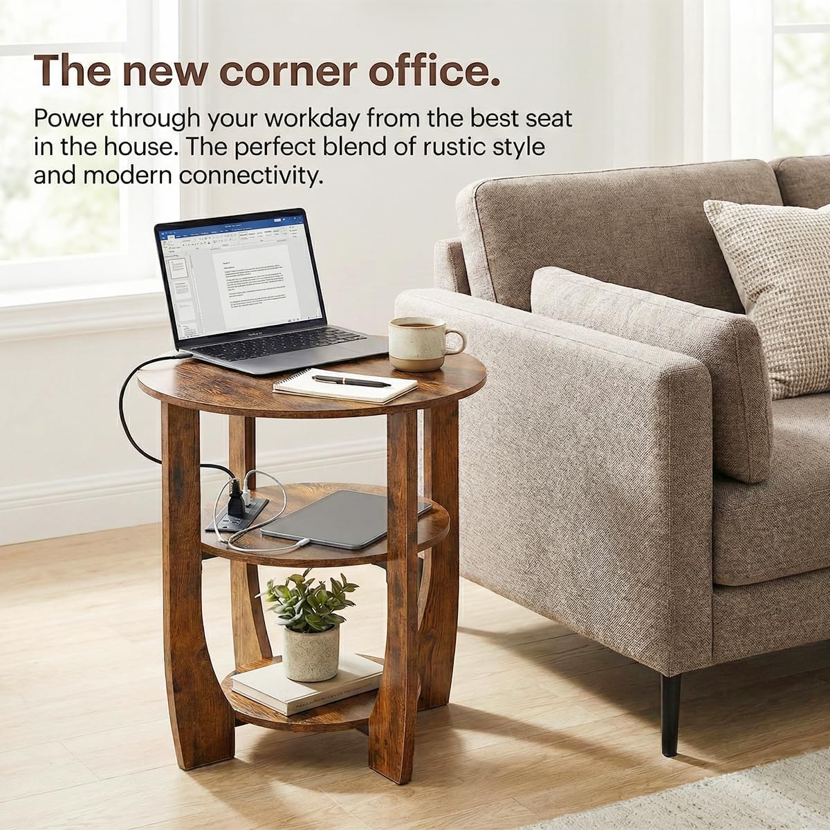 Round Side Table with Charging Station,3 Tier End Table with USB Ports & Outlets,19.7" Nightstand for Bedroom,Living Room,Small Spaces,Rustic Brown Wood Look Accent Table