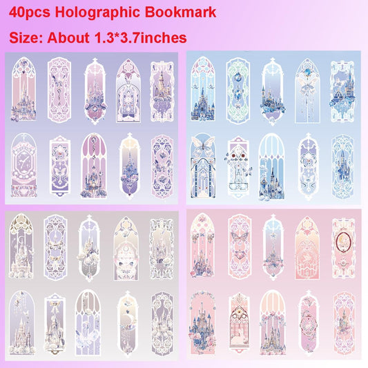 40Pcs Holographic Bookmark, Transparent Waterproof Flashing Castle Butterfly Flower Bookmarks, Rose Floral Window Bookmark Book Markers for Book Lover Kids Teacher Student Birthday Gift (Holo)