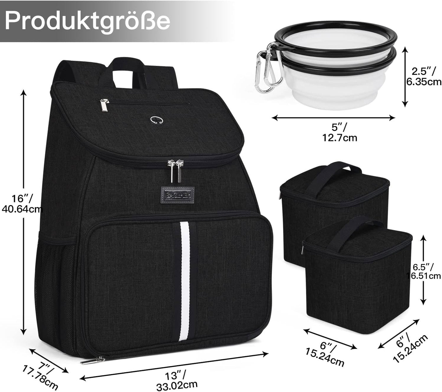 BAGLHER丨Dog Travel Bag, Airline Approved Pet Supplies Backpack, Dog Travel Backpack Accessories Set with 2 Silicone Collapsible Bowls and 2 Food Baskets. Black