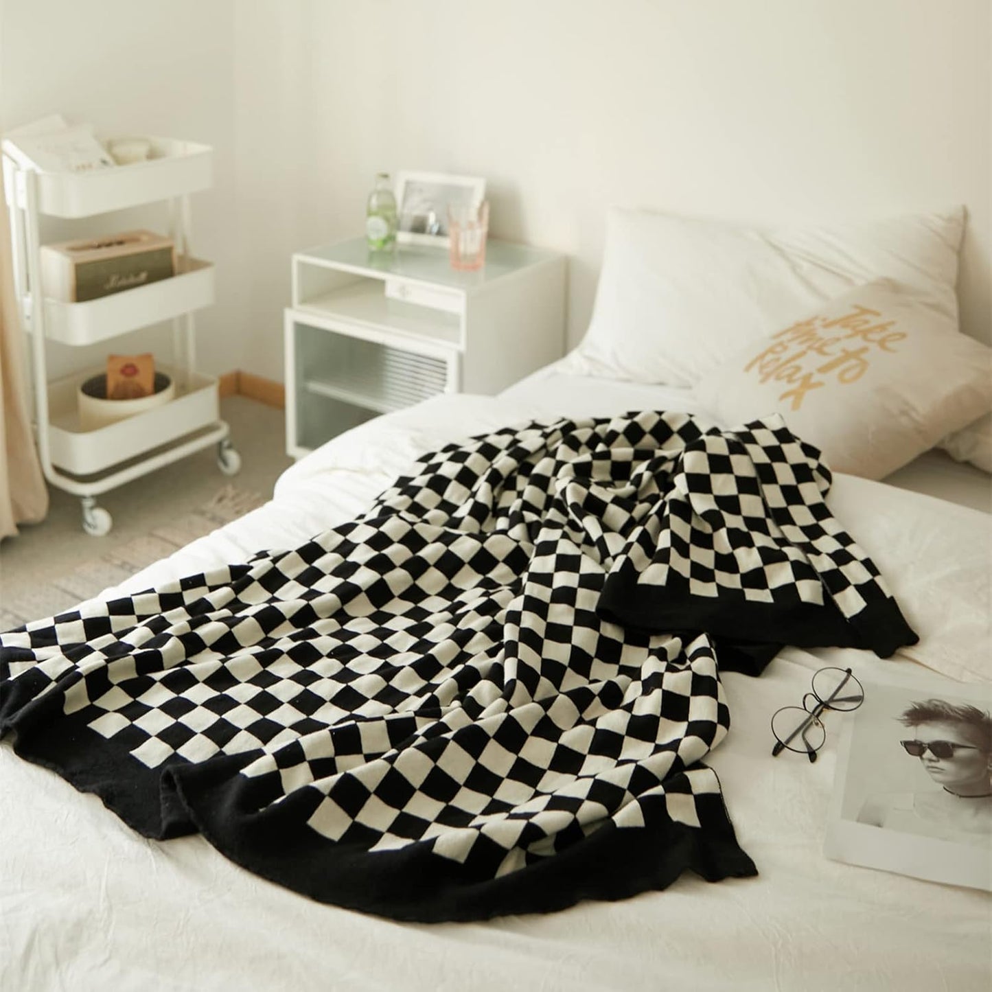 YIRUIO 100% Cotton Checkered Throw Blanket Lightweight Breathable Ultra-Thin Knit Weave for Bed Couch Sofa Soft Cozy Cooling for Spring Summer Black 60x80 inch