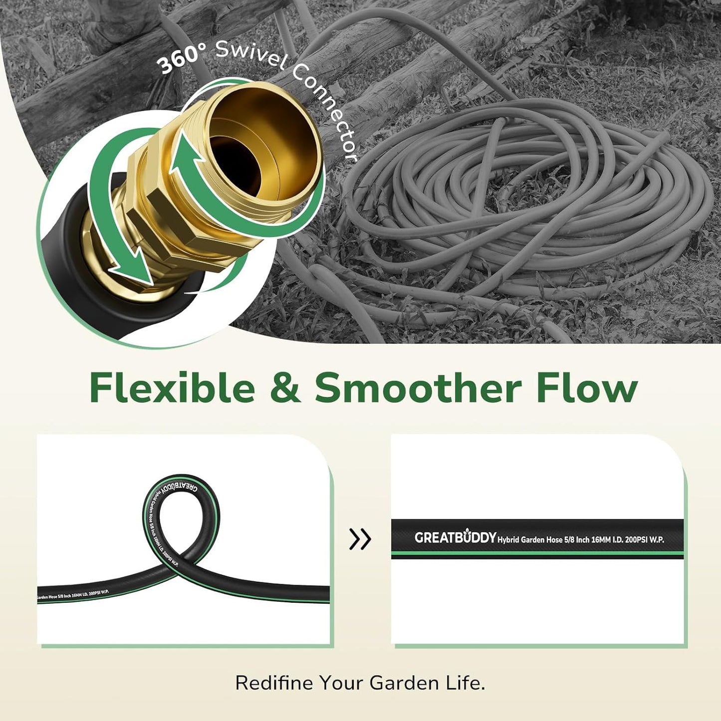 GreatBuddy 100 ft Garden Hose, 5/8" Water Hose 100ft Heavy Duty, Flexible, Lightweight Hybrid Hose, Burst 600 PSI with Solid Brass Male to Female Fittings Leakproof Hose for Backyard, Garden