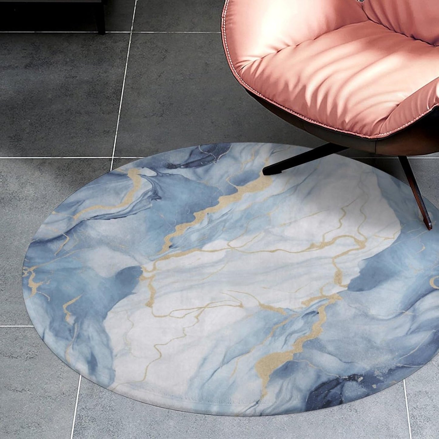 White Blue Marble Circle Rug Retro Luxury Coral Velvet Floor Mat Non Slip Soft Indoor Floor Carpet Comfy Thickened Area Rugs Modern Aesthetic Minimalist Carpets for Home Decor