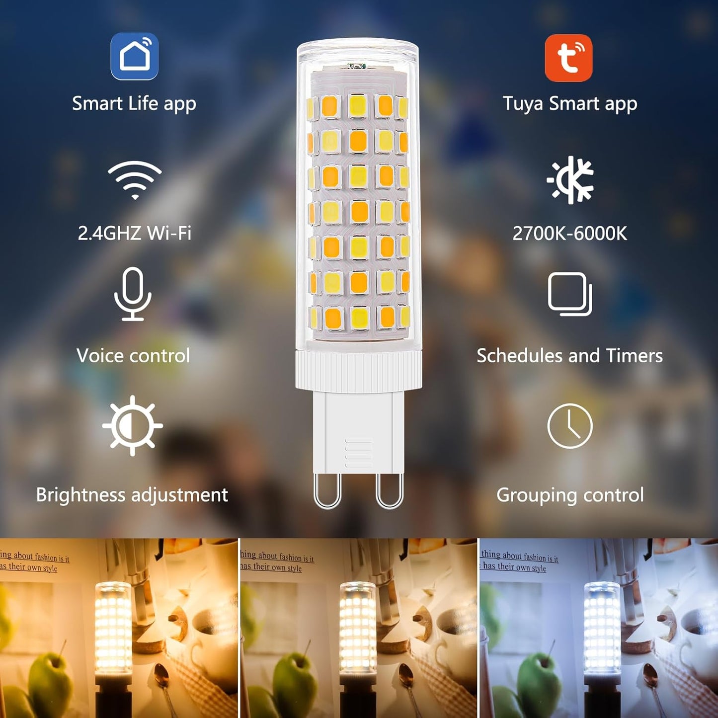 2Pack Dimmable Wi-Fi Smart LED Bulbs with G9 Base,Compatible with Amazon Alexa and Google Assistant-Warm to Cool White(2700K-6000K),Adjustable Brightness From 1%-100% (120V,0.4-4.7W,40LM-450LM）