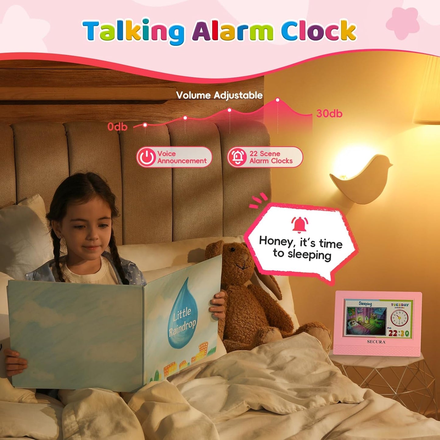 Secura TimeTact Reminder for Kids, 7" LED Talking Alarm Clock with Countdown Visual Timer, 17 Daily Reminders & 5 Custom Alarms Habit Reminder and Scheduler (Pink)