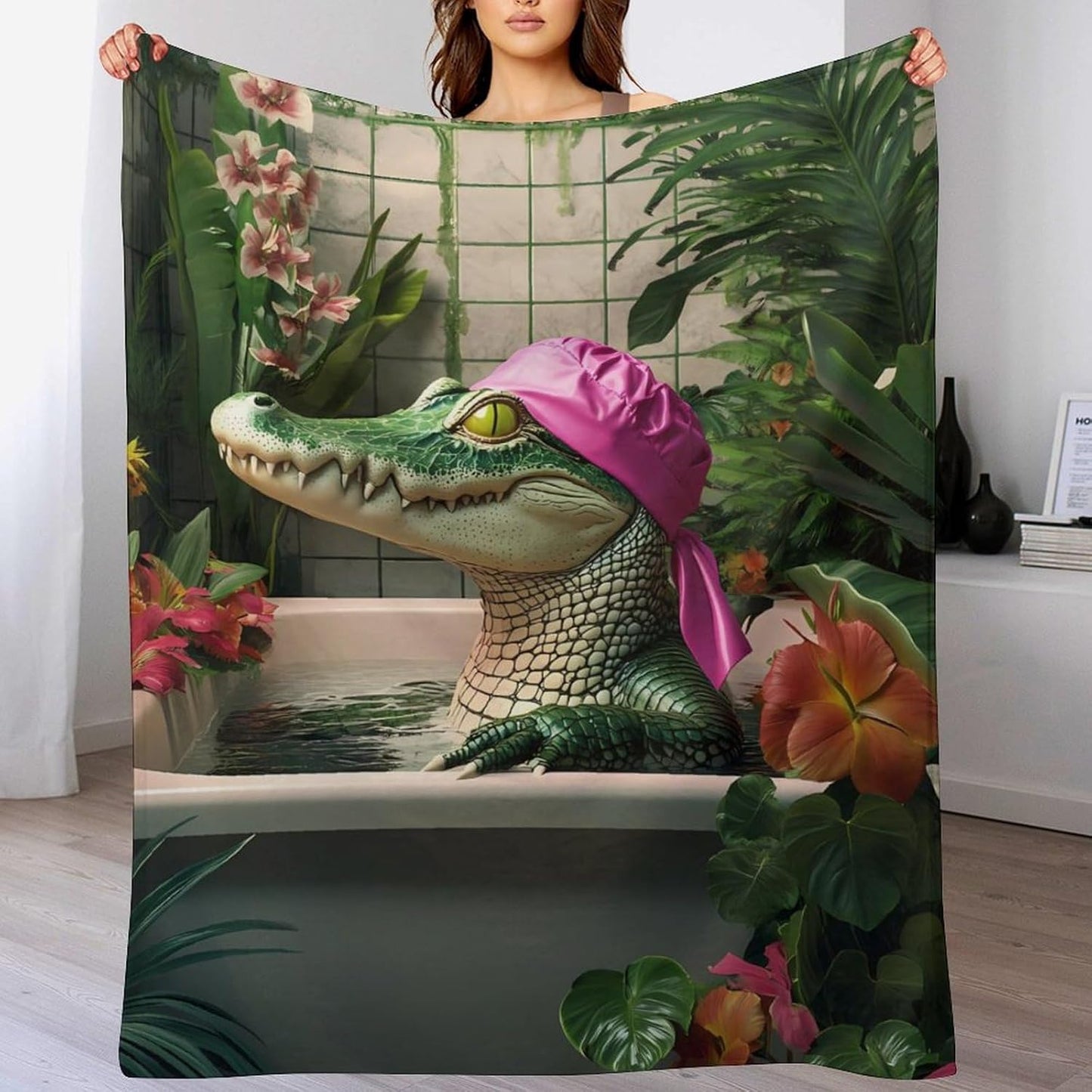 Funny Crocodile Toilet Bathroom Throw Blanket for Couch Bed Plush Cozy Fuzzy Flannel Blanket for All Season 55"x70"