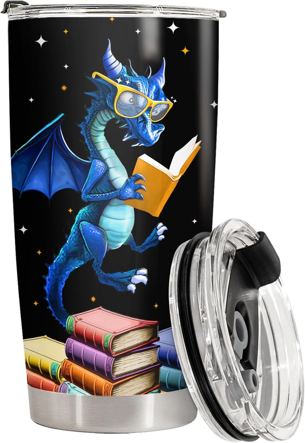 34HD Book Dragon Tumbler with Lid, 20oz Stainless Steel Vacuum Insulated Dragon Coffee Mug, Book Lover Gifts for Birthday Christmas Back To School, Bookworm Gifts for Women, Bookish Items