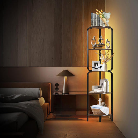 Corner Shelf with LED Light, 5 Tier Corner Shelves, Black Corner Book Shelf 64" Metal Shelf Narrow Bookshelf with Storage Rack for Wall Corner, Living Room, Bedroom, Metal Frame, Display Shelf