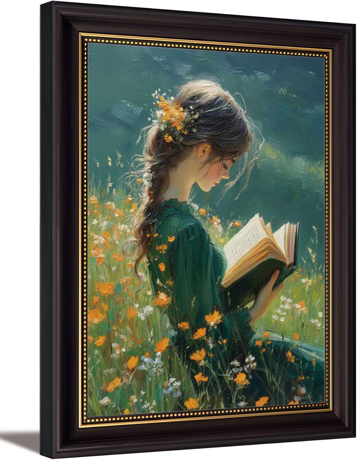 Vintage Dark Brown Framed Girl Books Canvas Wall Art Inspirational Kids Educational Wall Decor Picture Girl Reading On The Grass Poster Print for Children'S Room Living Room Bedroom Home Decoration